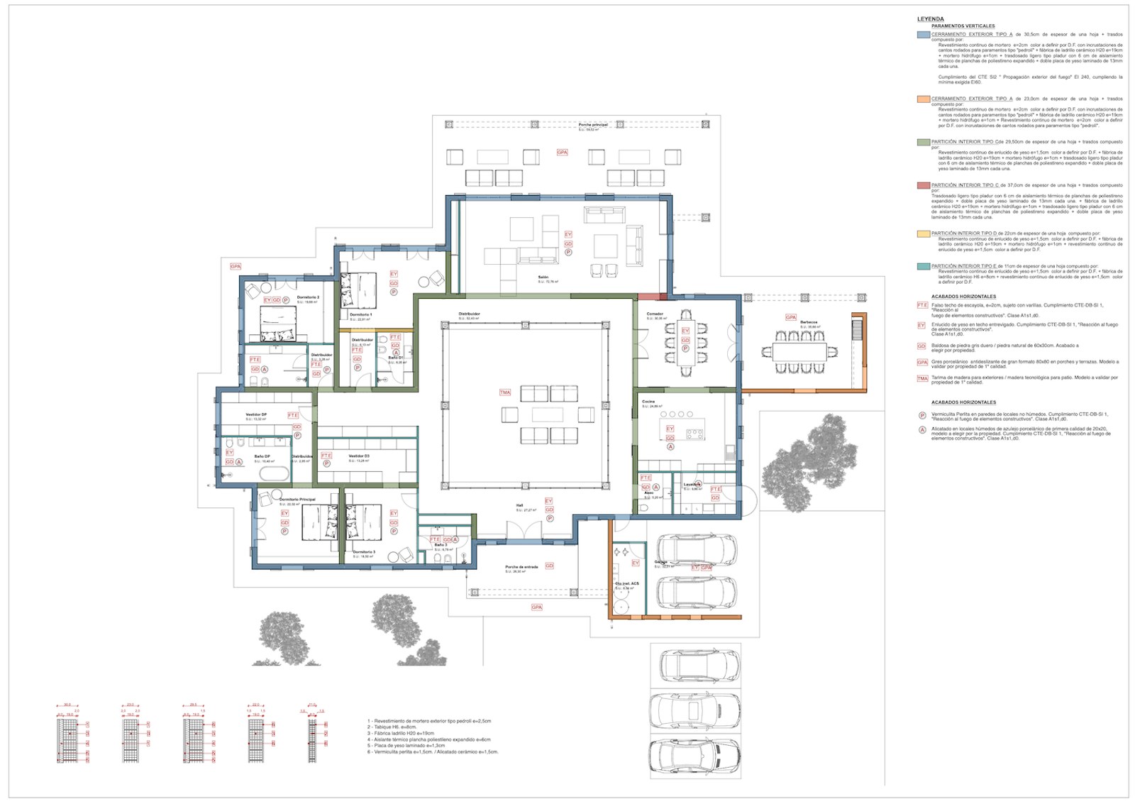 Detailed architectural floor plan showing room layouts, garage, and terraces of a luxury villa.