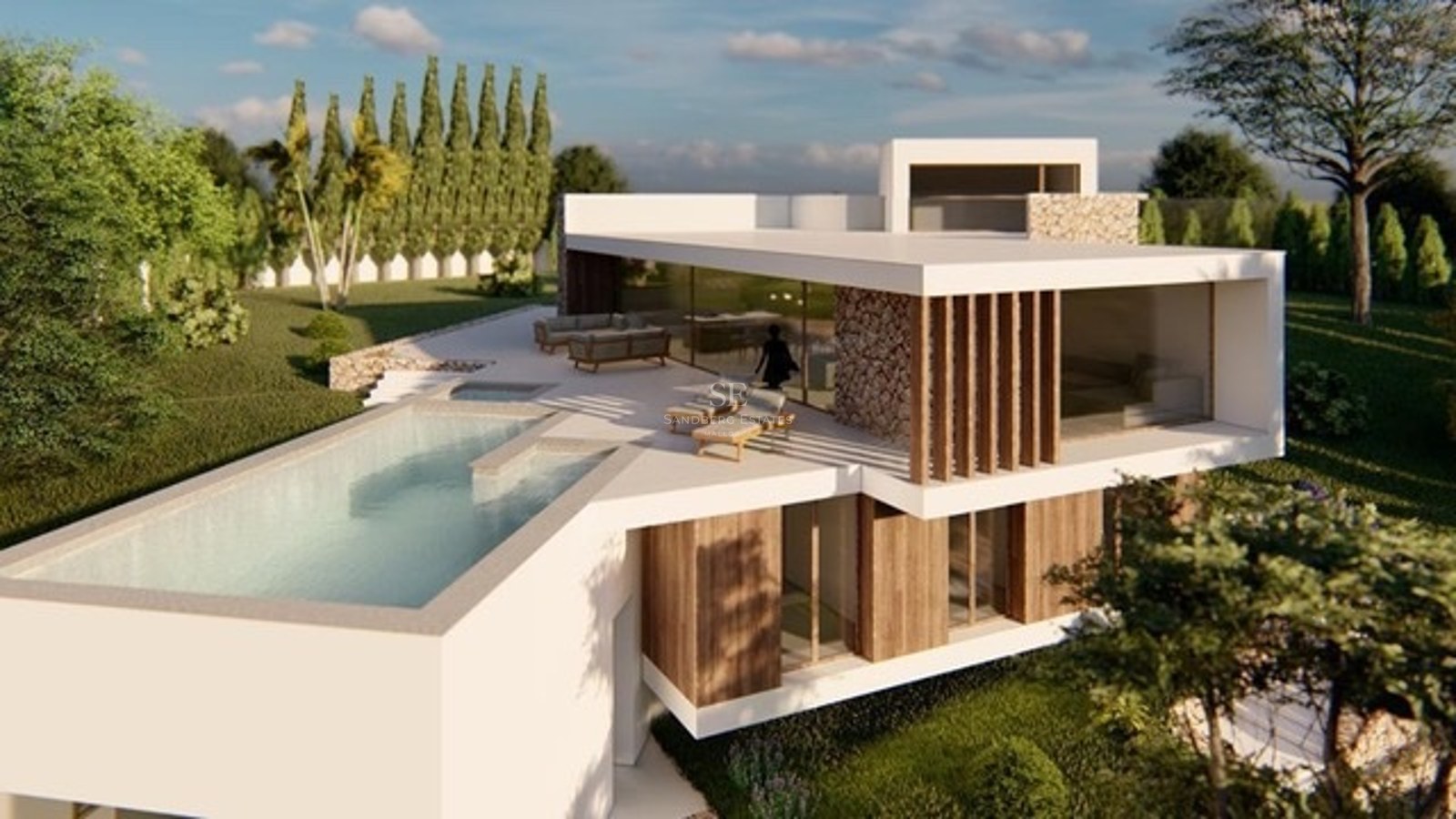 Modern vit villa med infinitypool, trädetaljer och stora fönsterpartier omgiven av grönska.