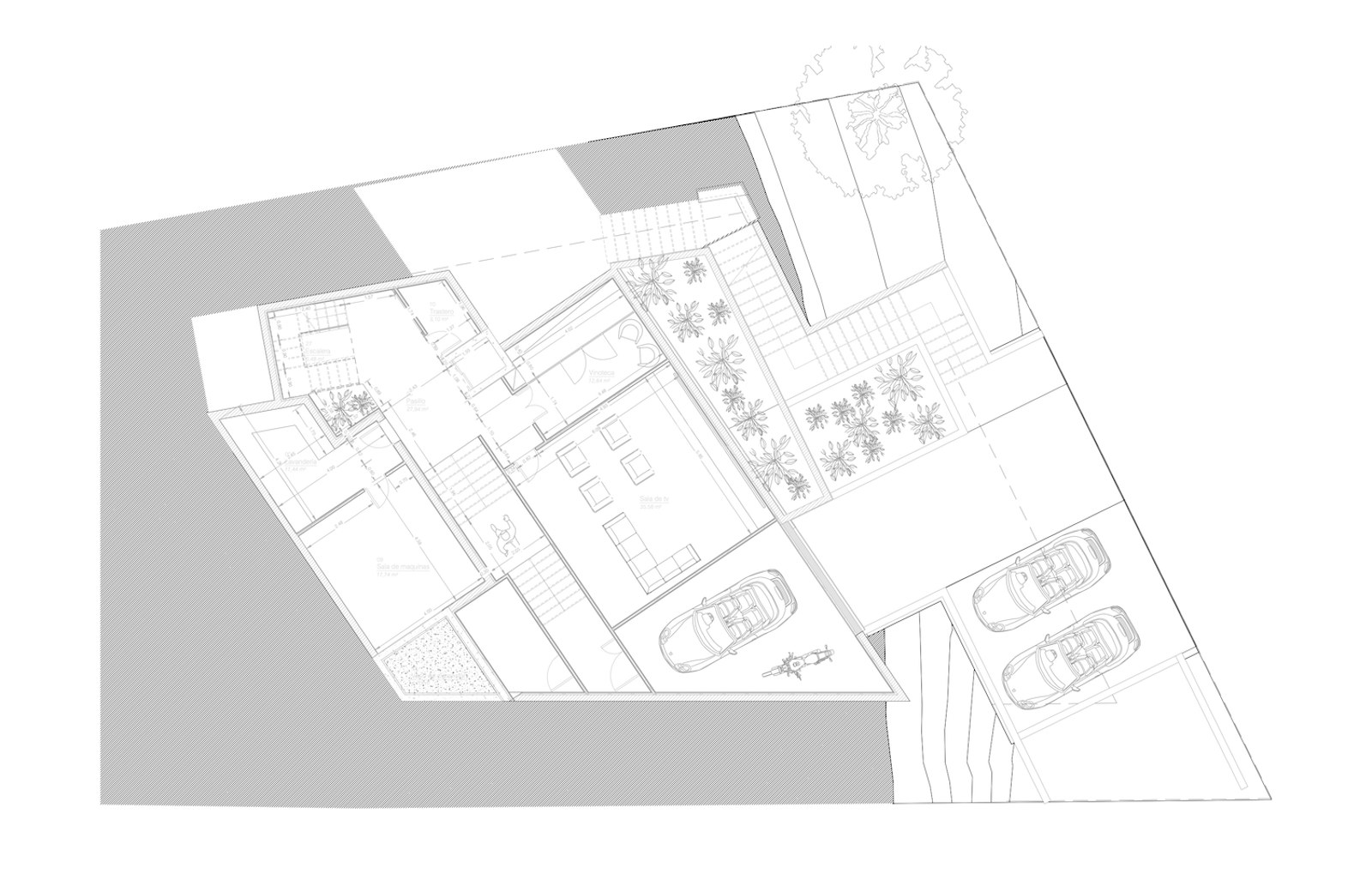 Teknisk planritning som visar rumsindelning, garageplatser och landskapsarkitektur.
