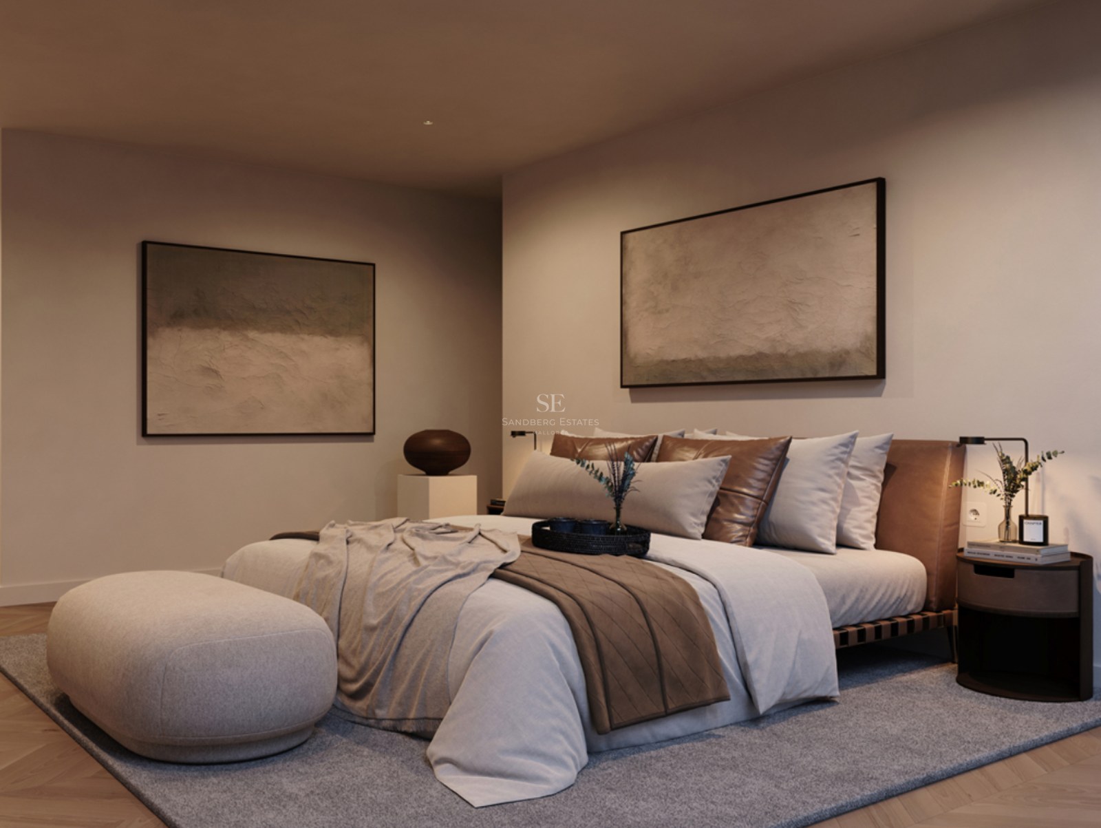 Modern master bedroom with a large bed, leather headboard, two abstract wall paintings, and a neutral color palette.