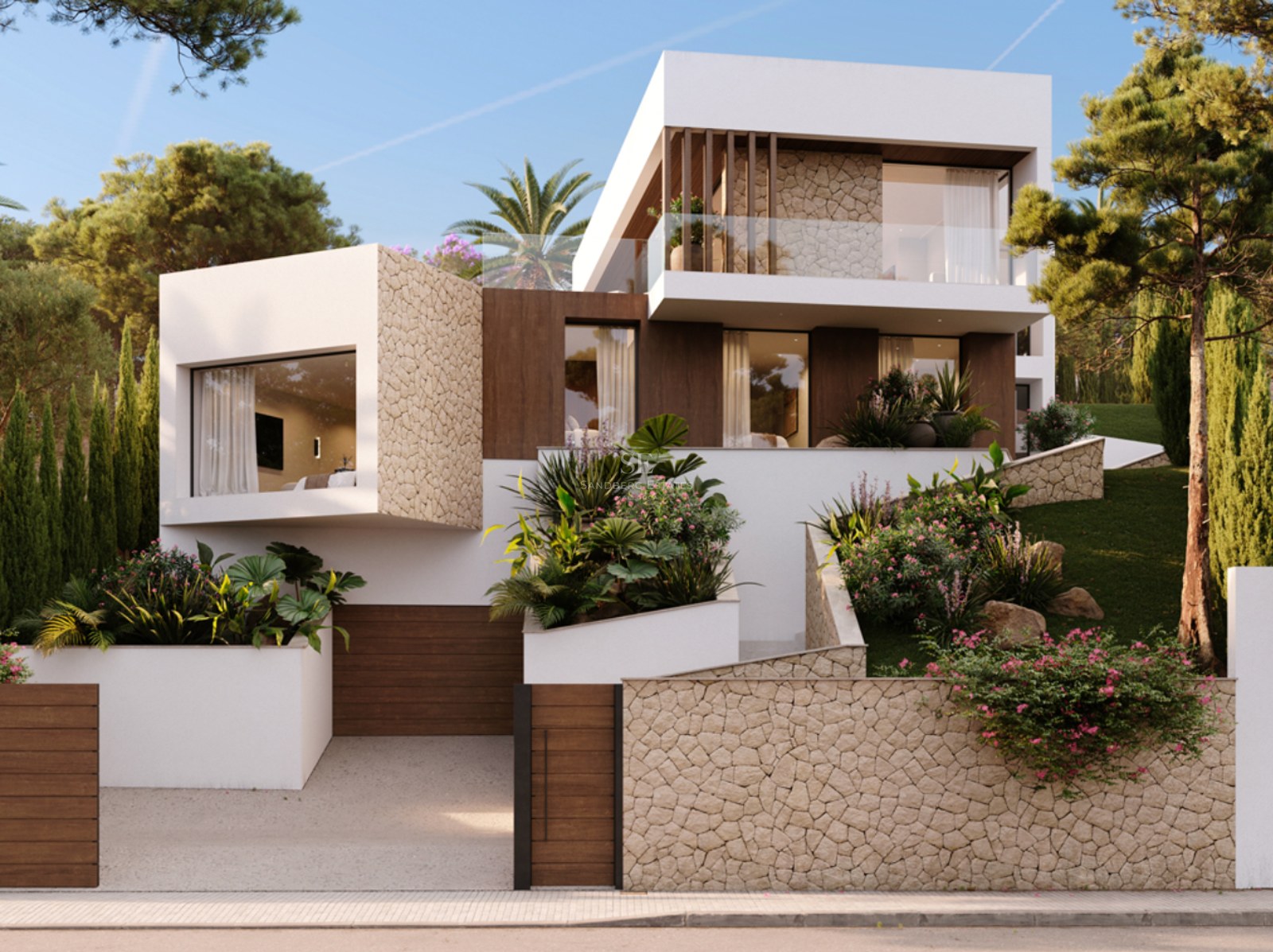 A three-story modern white villa with textured stone walls, wooden accents, and lush tiered gardens under a clear sky.