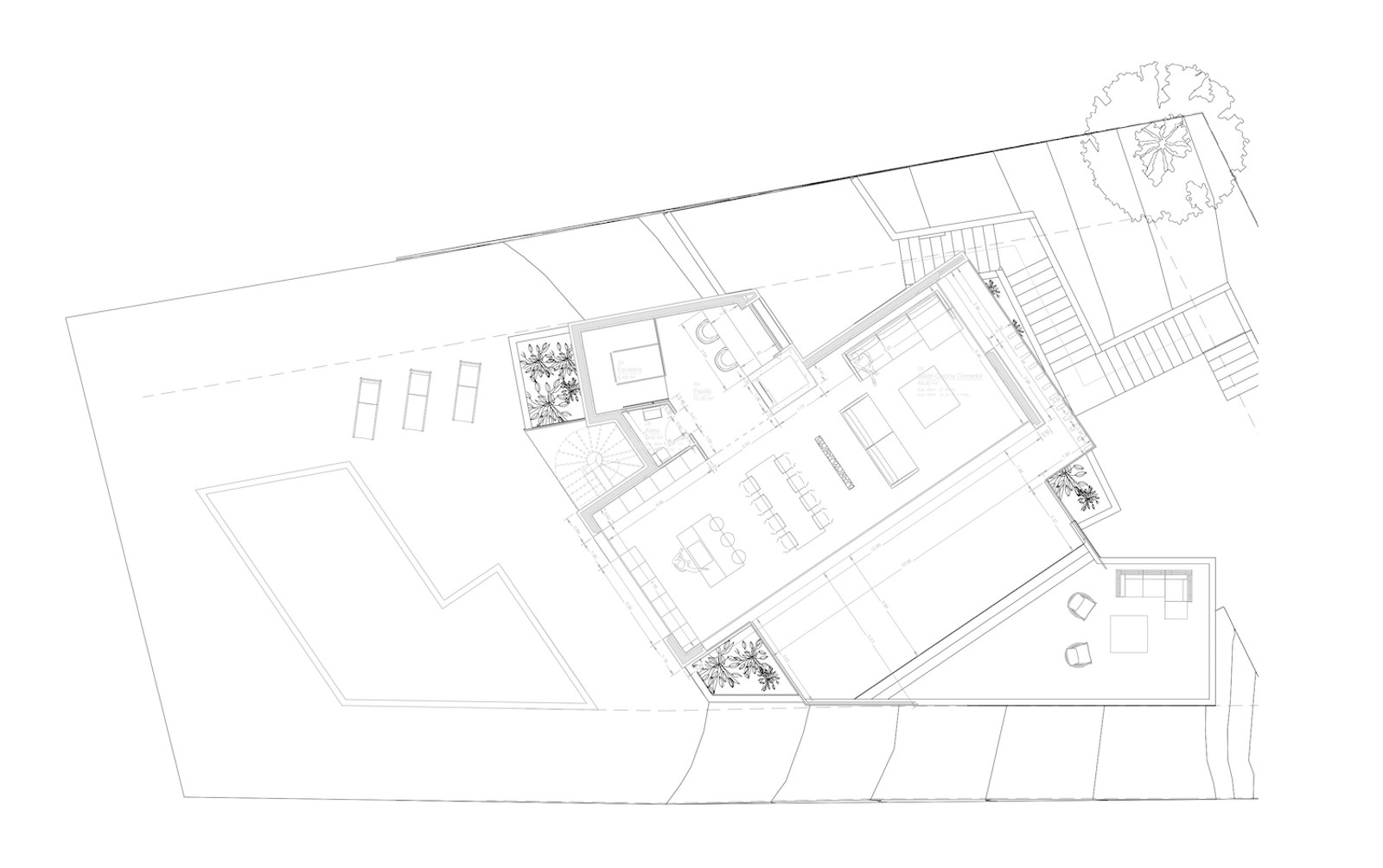 Black and white architectural floor plan showing an open-plan living area, terrace, swimming pool, and landscaping.