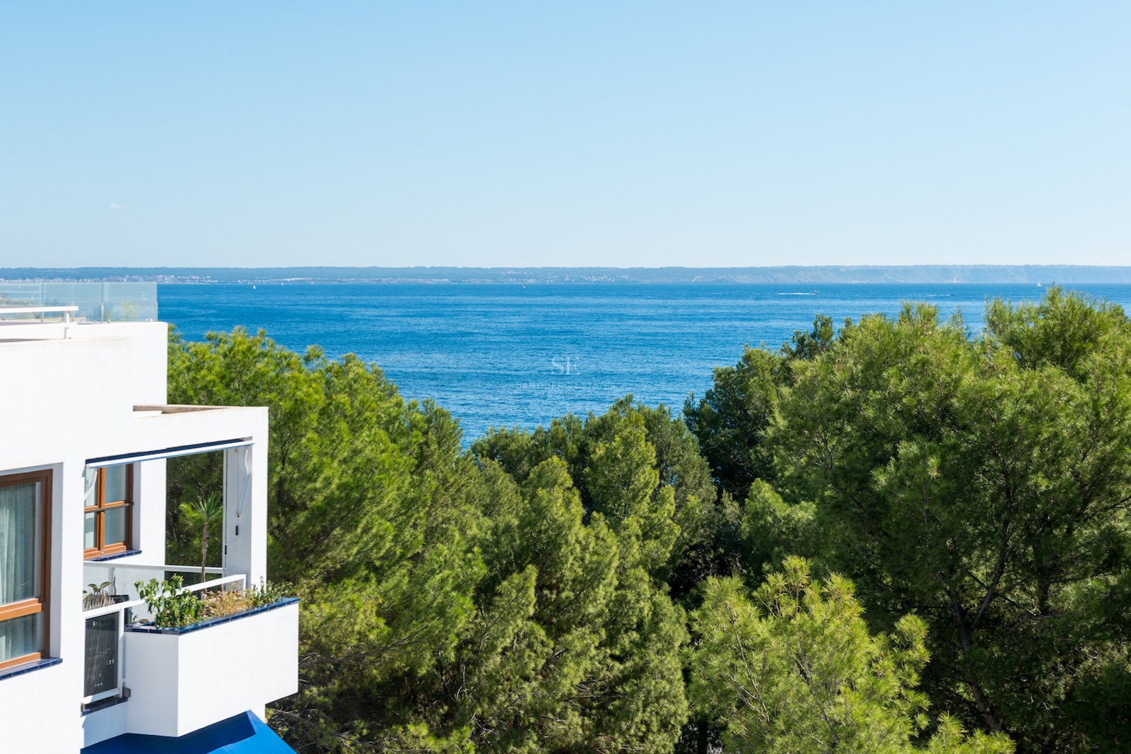 Vue imprenable sur la mer bleue et l'horizon au-dessus de la cime des arbres verts depuis le balcon d'un bâtiment blanc.