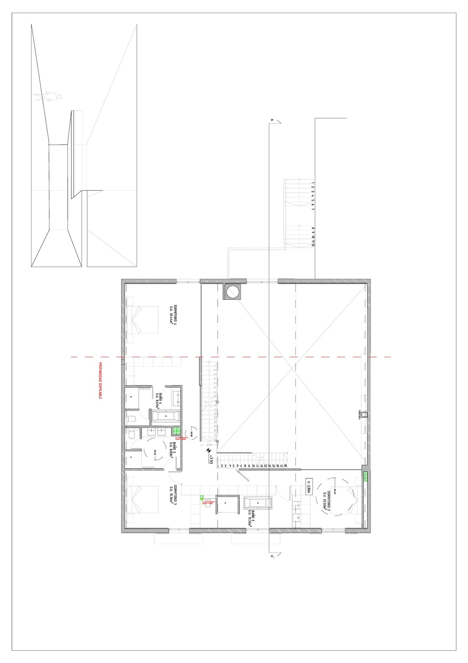 Plan technique architectural de l'étage supérieur montrant trois chambres en suite et les dégagements.