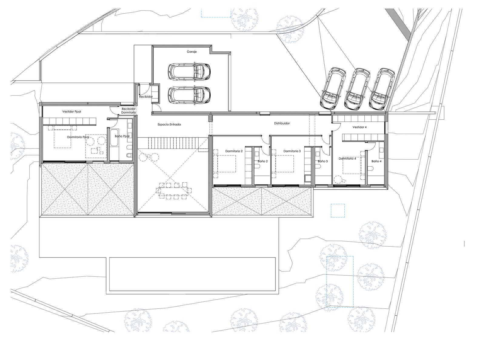 Teknisk ritning som visar layouten för en villa med 4 sovrum, en-suite badrum, garage och utomhusområden.