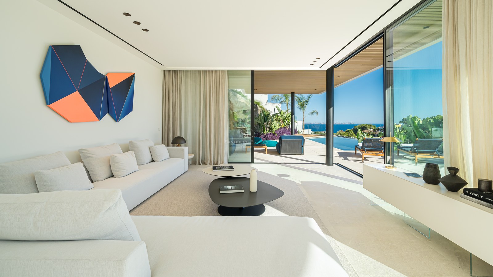 Exterior view of a modern villa featuring a swimming pool, large windows, and lush landscaping. Minimalist design.