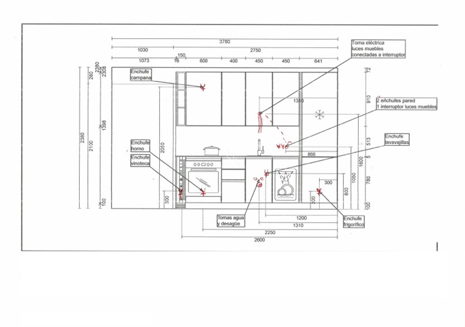 Technical drawing of a kitchen layout with measurements and markings for electrical and plumbing connections.