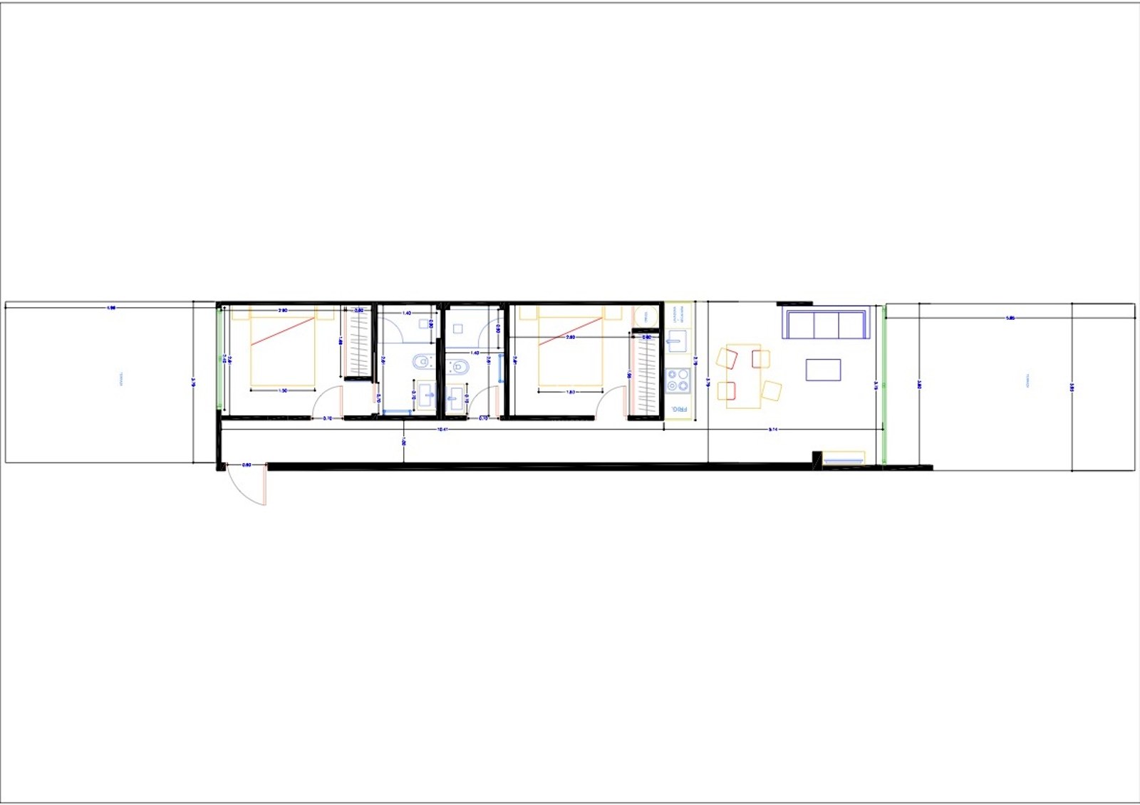 Detailed 2D floor plan of a modern two-bedroom apartment featuring two bathrooms and dual terraces.