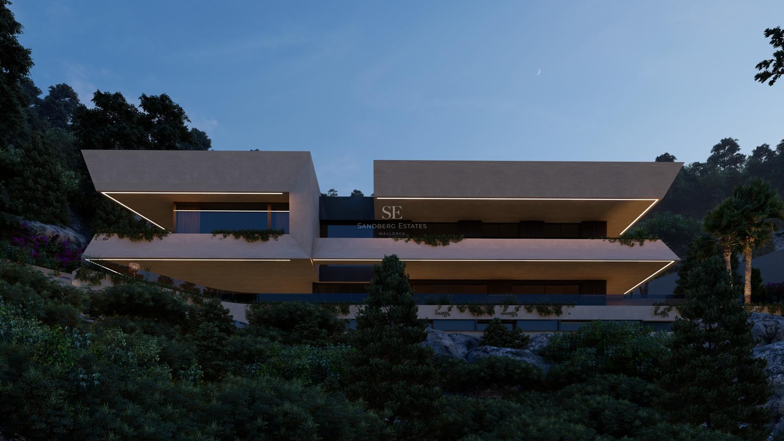 Vista nocturna de una villa moderna de varios niveles con terrazas voladas e iluminación LED perimetral.