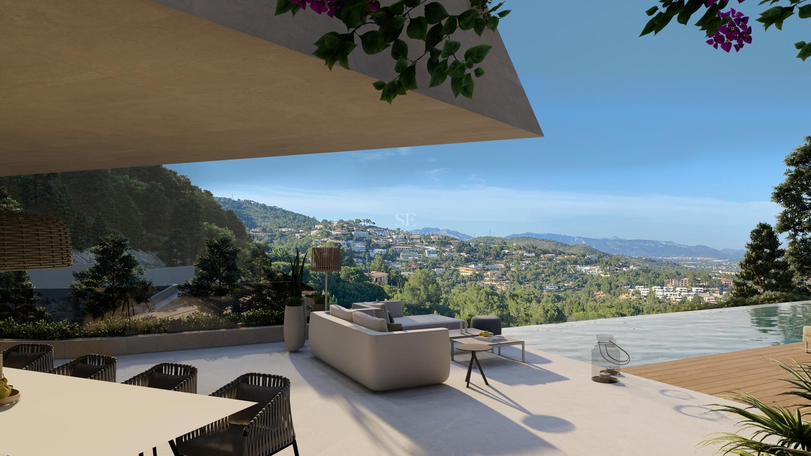 Terraza de villa contemporánea con zona lounge, piscina infinity y vistas despejadas a las montañas.