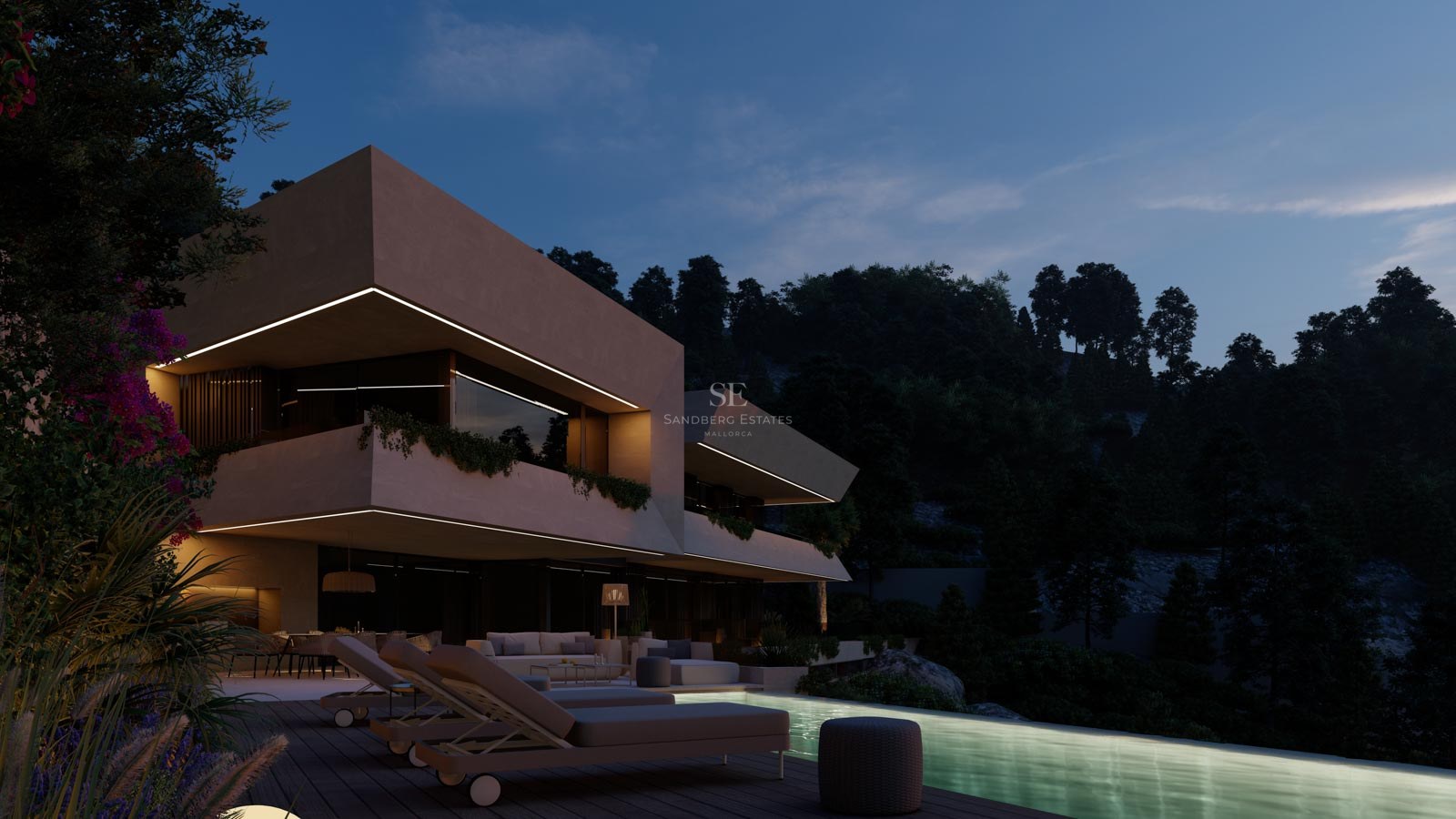 Villa de lujo contemporánea con piscina infinita iluminada, terrazas voladizas y zona de estar exterior al anochecer.