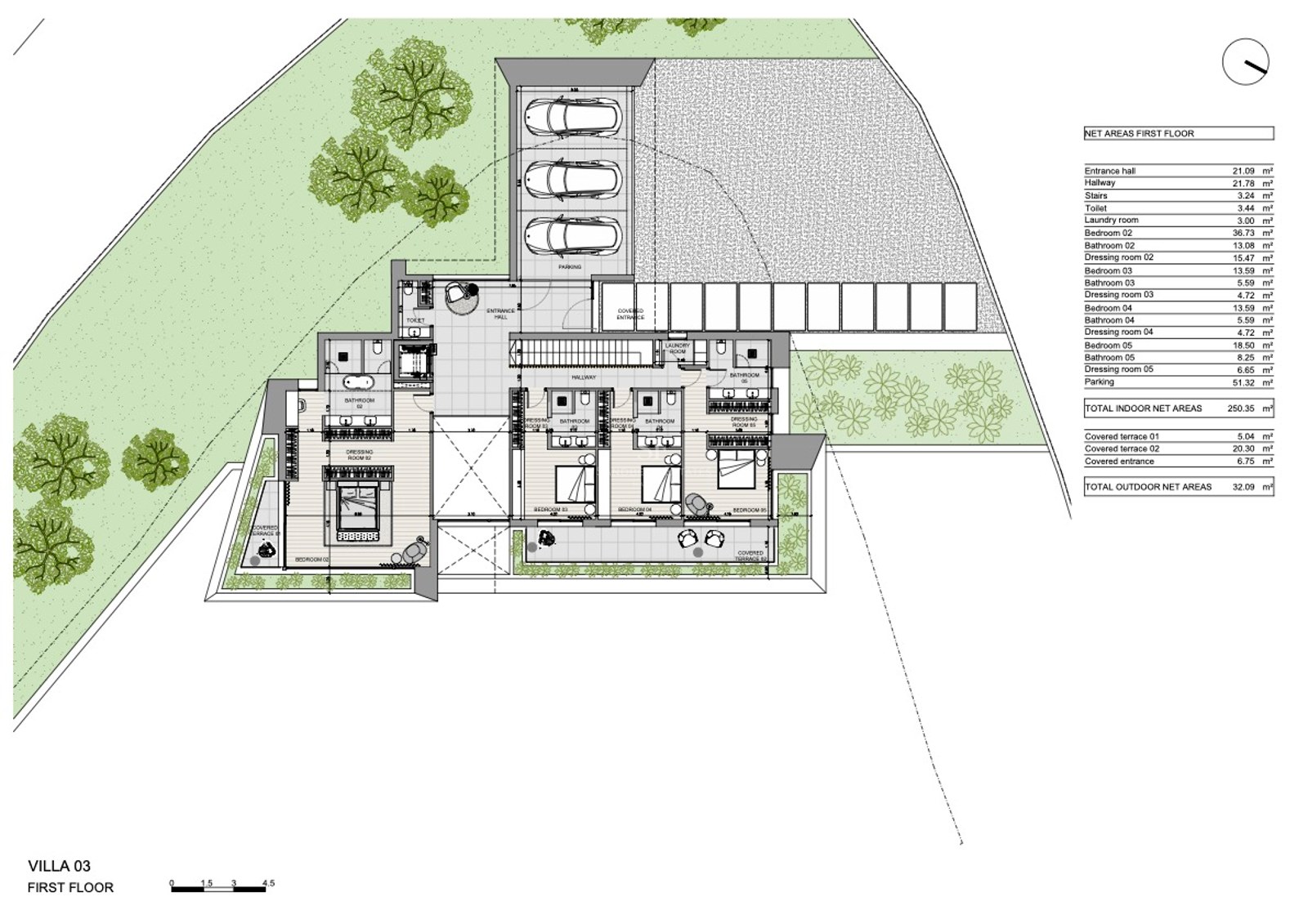 Plano arquitectónico detallado de la primera planta de Villa 03 con dormitorios, baños y terrazas.