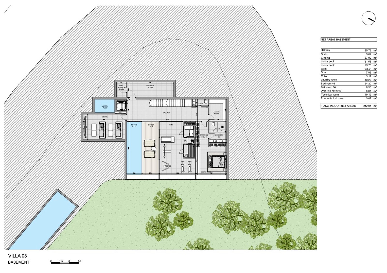 Plano técnico del sótano de una villa de lujo que incluye piscina interior, gimnasio, cine y suite de invitados.