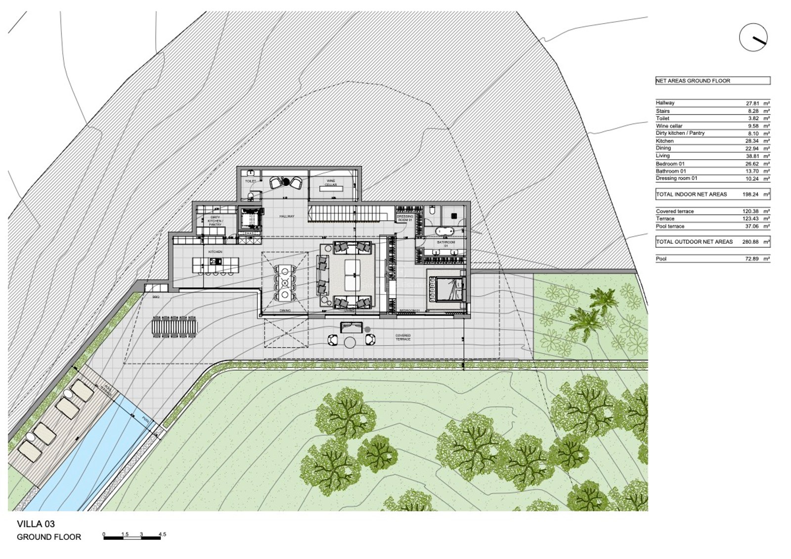 Plano arquitectónico de la planta baja de una villa de lujo con zonas de estar, suite principal y piscina infinita.