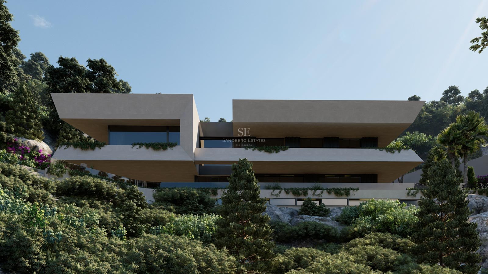 Villa moderna de dos niveles con volúmenes de piedra beige en voladizo integrada en una ladera verde bajo un cielo azul.