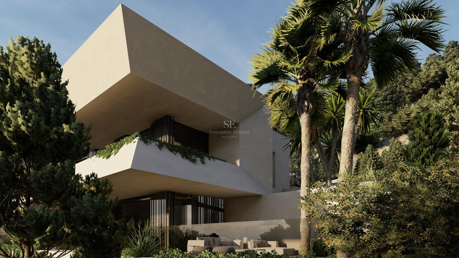 Fachada de villa contemporánea con balcones en voladizo, palmeras y vegetación mediterránea bajo un cielo despejado.