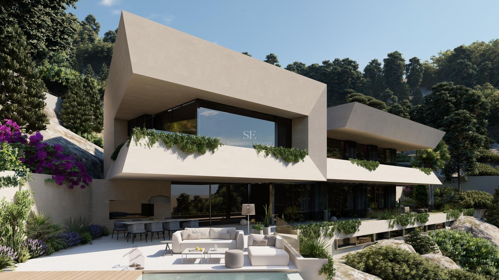 Villa moderna color arena con líneas geométricas, balcones de cristal y terraza exterior con sofás blancos y piscina.