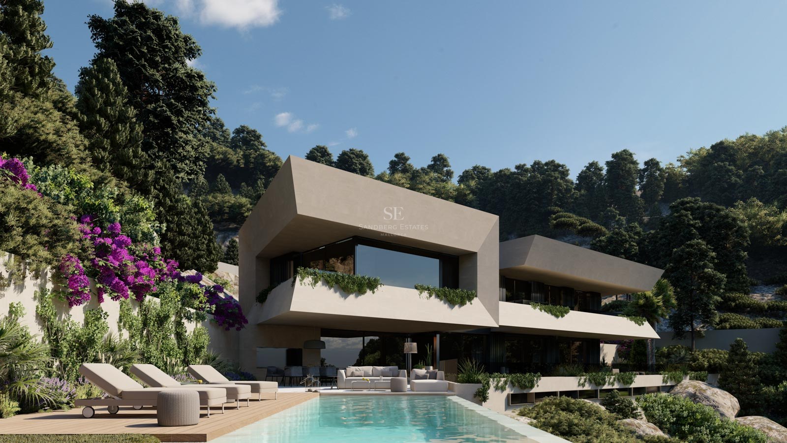 Villa moderna de dos plantas con balcones voladizos, piscina infinita y frondosos jardines en la ladera.