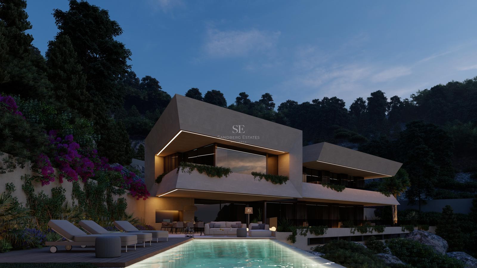 Vista nocturna de una villa contemporánea con piscina infinita, líneas geométricas e iluminación cálida integrada.