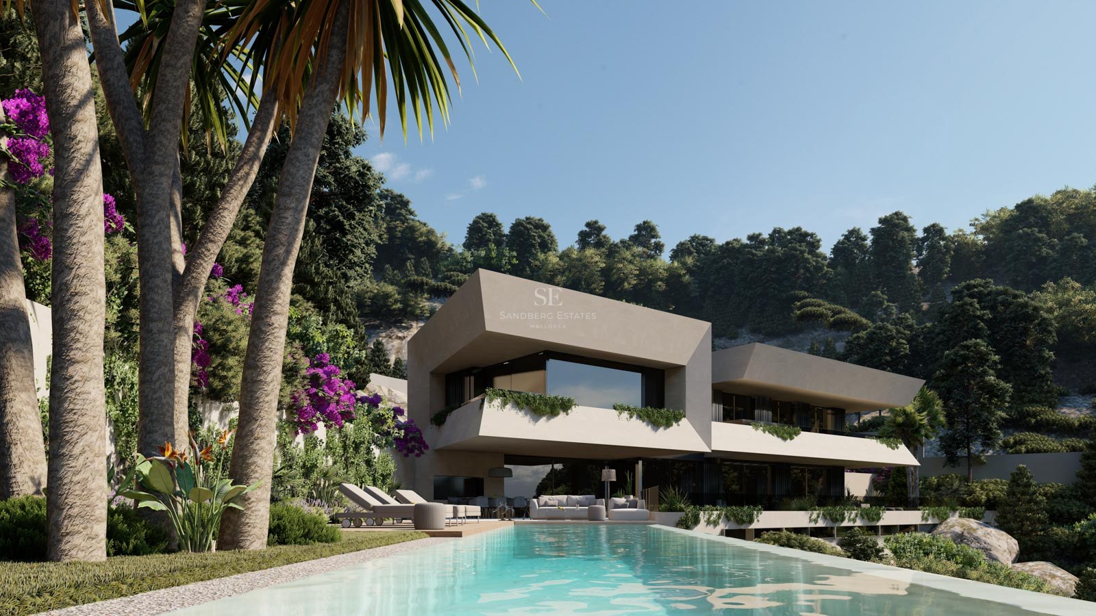 Villa de lujo contemporánea con piscina infinita, diseño en voladizo, palmeras y buganvillas.