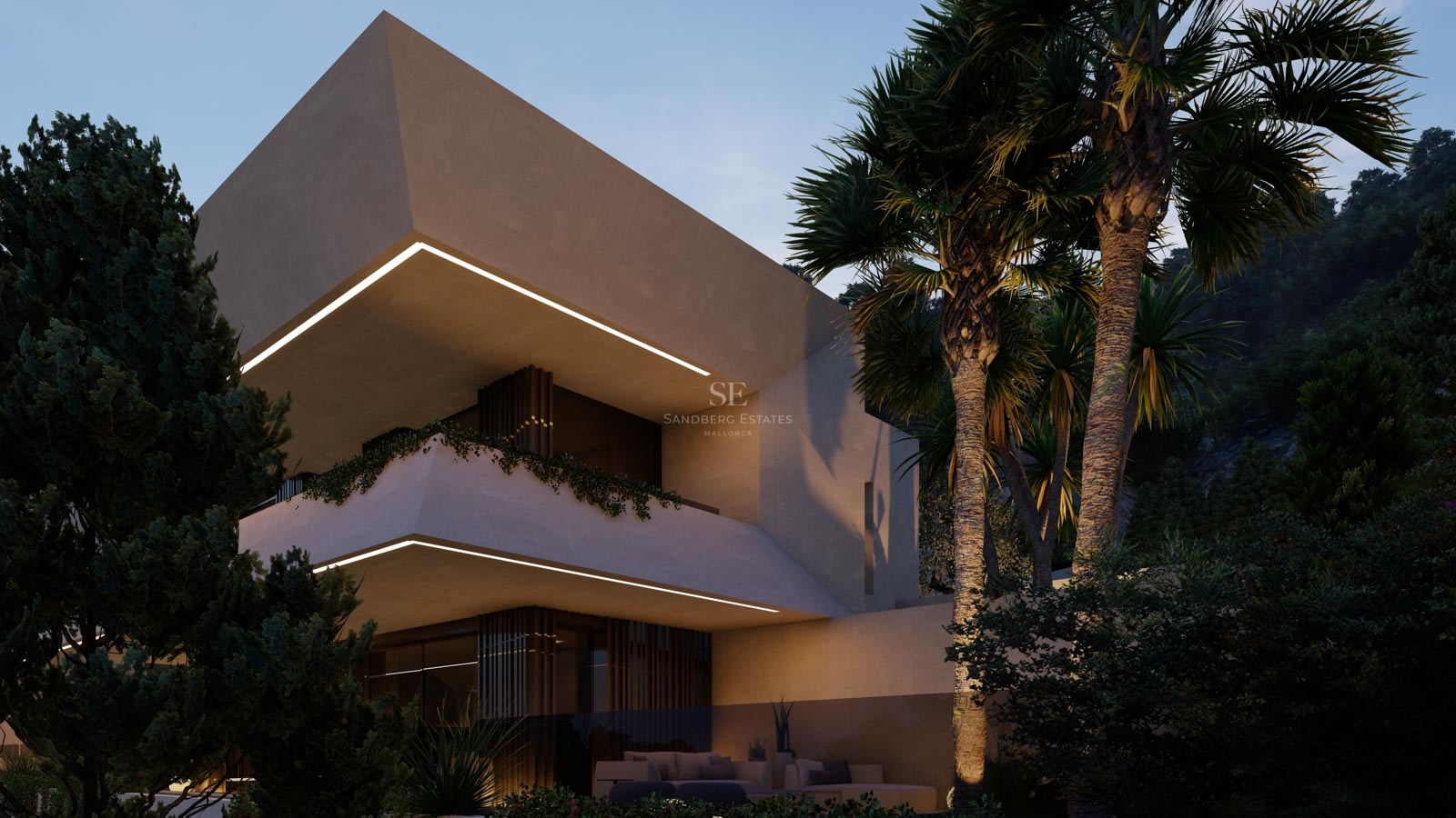 Vista al atardecer de una villa contemporánea con balcones geométricos de hormigón e iluminación LED cálida.