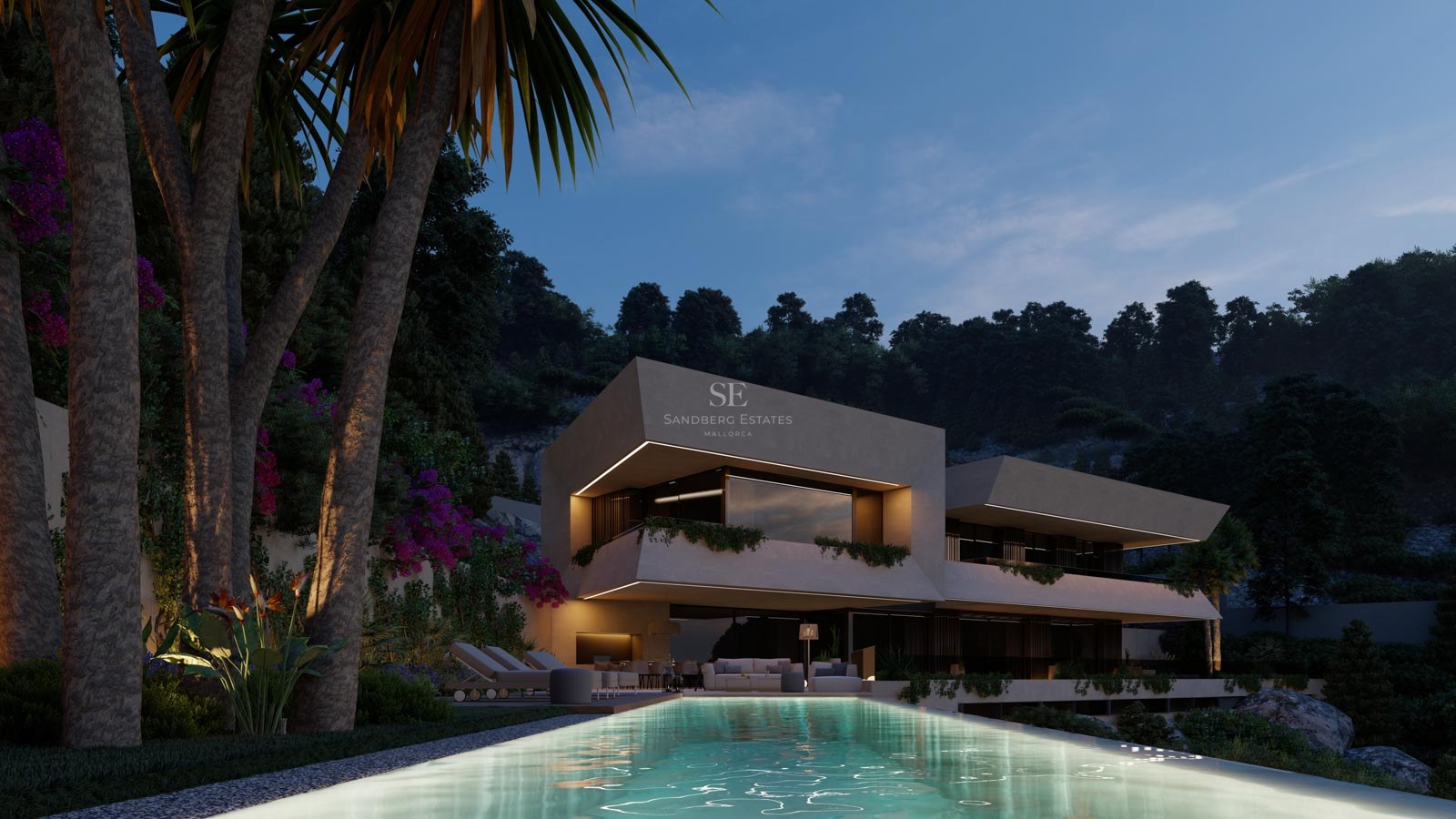 Villa moderna de dos plantas con balcones en voladizo sobre piscina iluminada y vegetación tropical al anochecer.