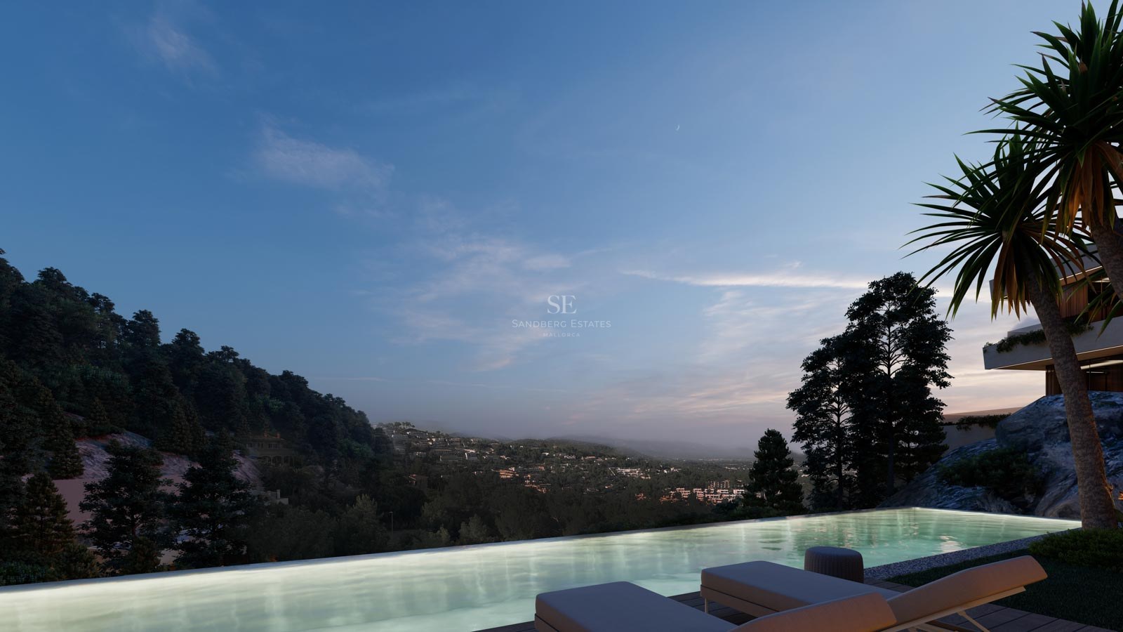 Una piscina infinita iluminada con vistas a un valle boscoso y colinas distantes al atardecer con tumbonas.