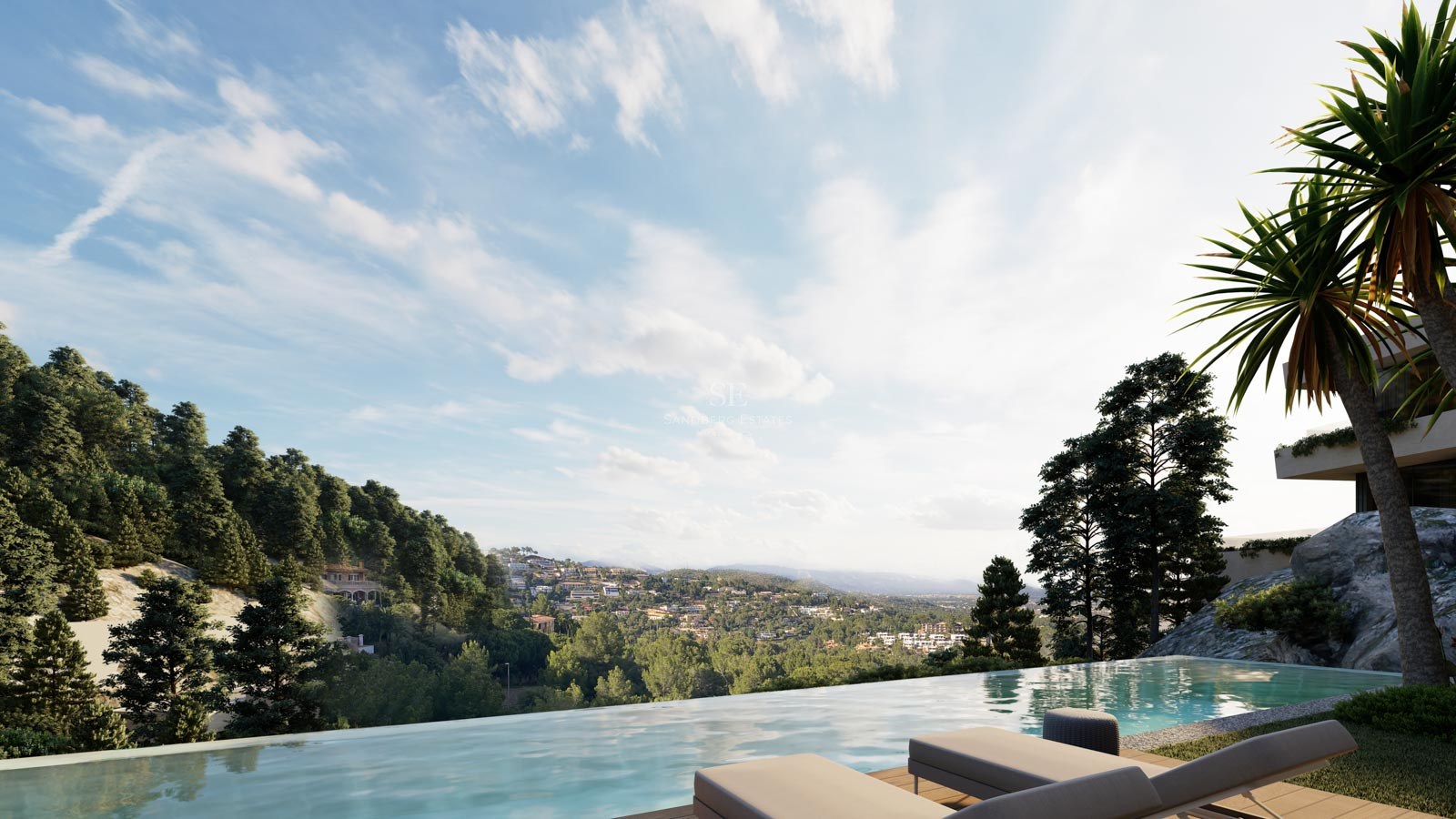 Piscina infinita de lujo con vistas a un valle verde y montañas bajo un cielo azul con tumbonas en primer plano.