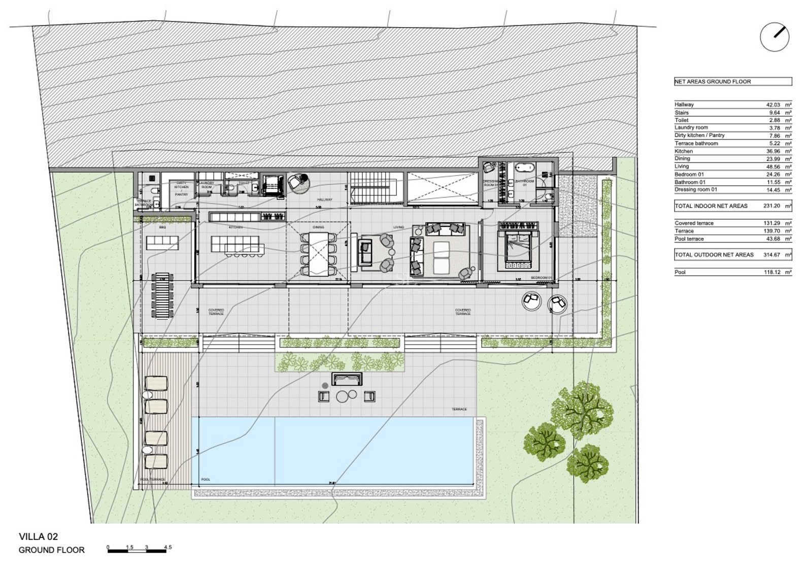 Arkitektonisk planritning över bottenvåningen med vardagsrum, sovrum, stor terrass och infinitypool.