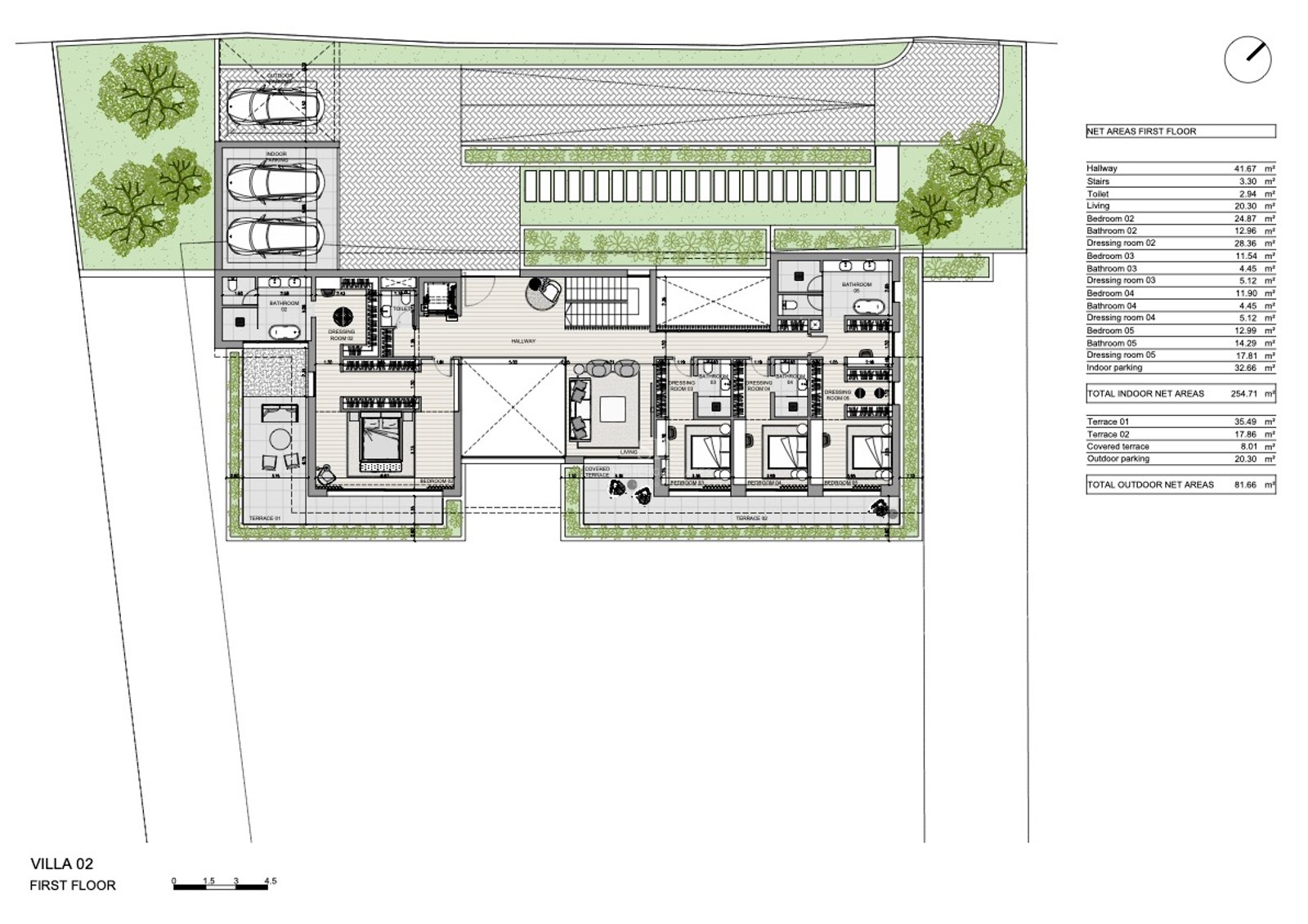 Arkitektonisk planritning över övervåningen med fyra sovrum med egna badrum, vardagsrum och terrasser.