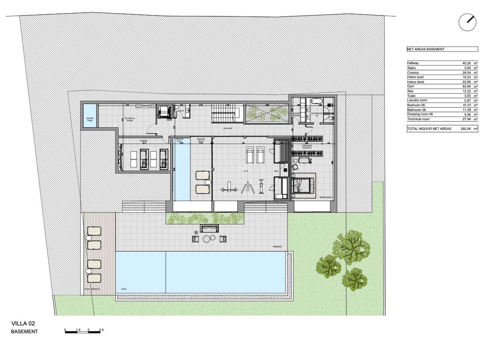 Arkitektonisk planritning över källarplan i en lyxvilla med biograf, gym, spa och inomhuspool.