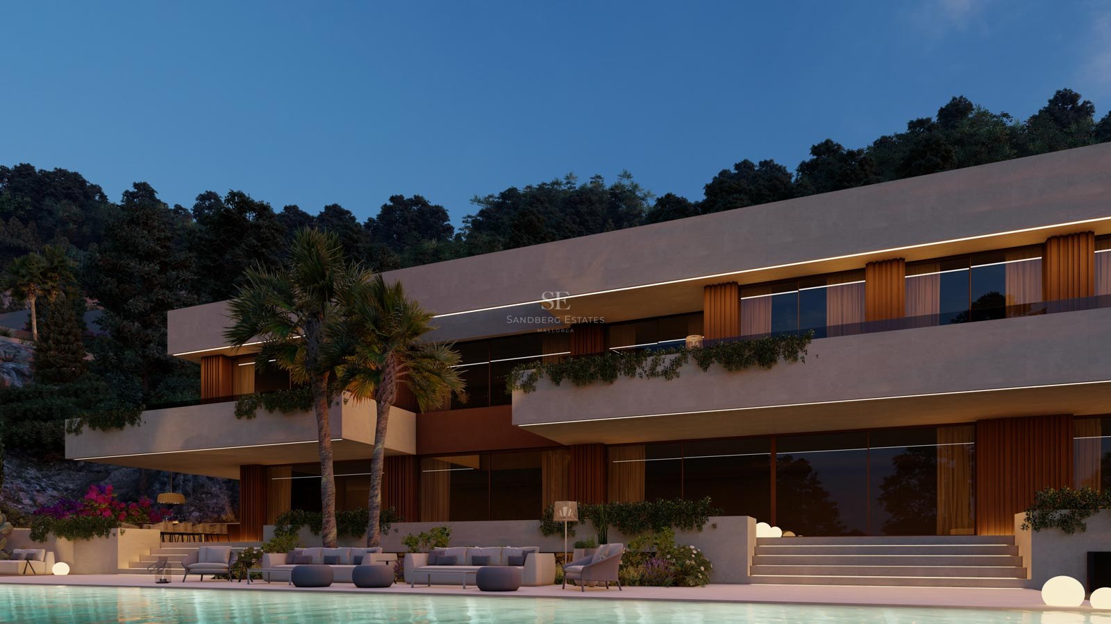Modern villa i skymning med belyst infinitypool, loungemöbler och palmer mot en mörk kvällshimmel.