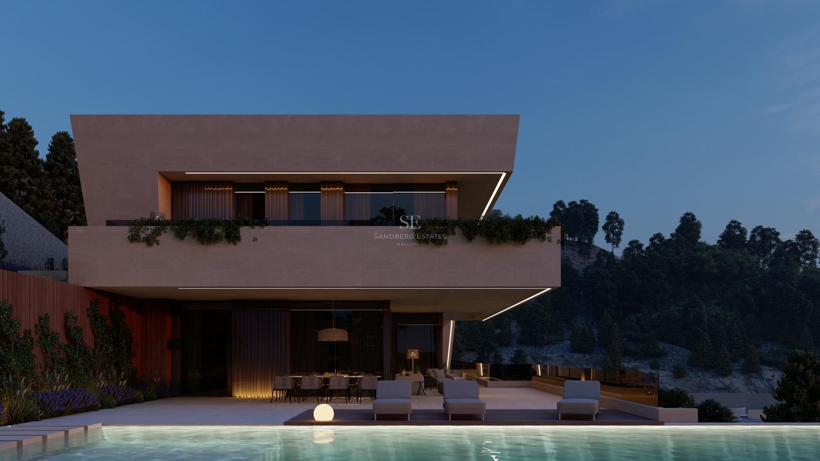 Modern villa med infinitypool, utomhusmatplats och integrerad LED-belysning mot en mörkblå kvällshimmel.