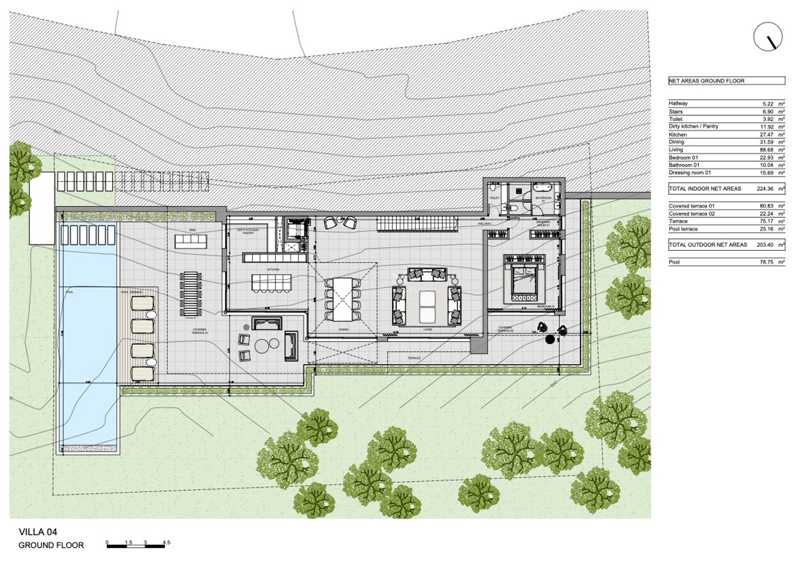 Arkitektonisk planritning över en lyxvilla med öppen planlösning, master-svit och pool.