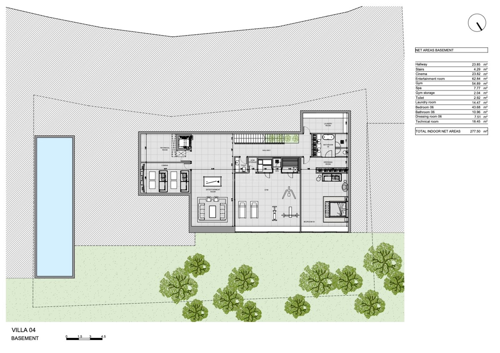 Teknisk planritning över källarvåningen i en lyxvilla med bio, gym, spa och gästsvit.