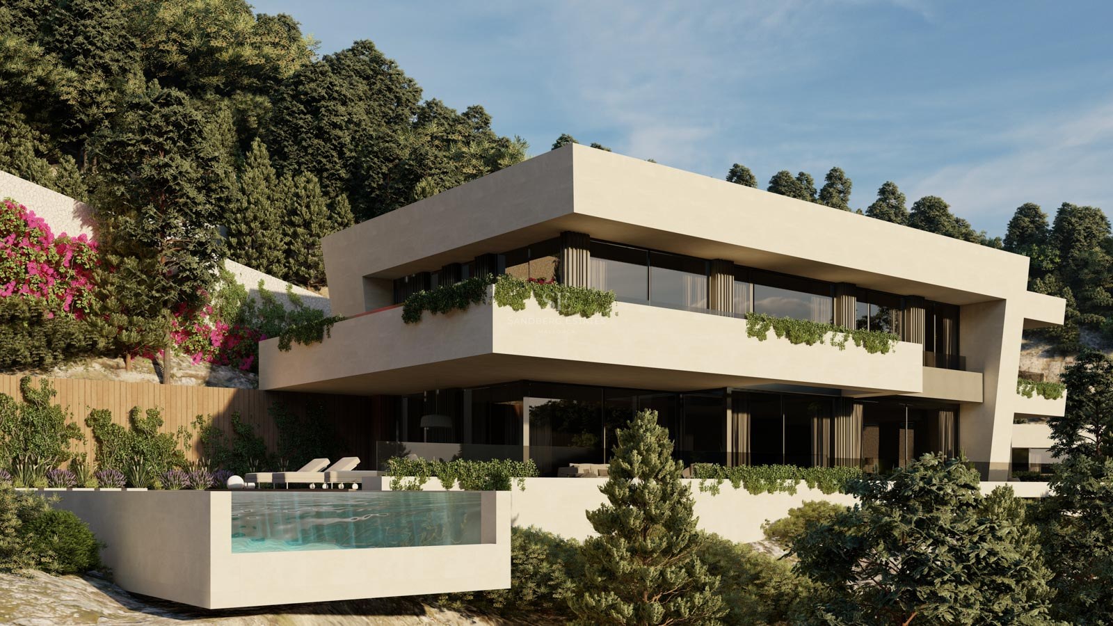 Modern flernivåvilla med infinitypool i glas, utskjutande terrasser och lummig grönska på en sluttning.