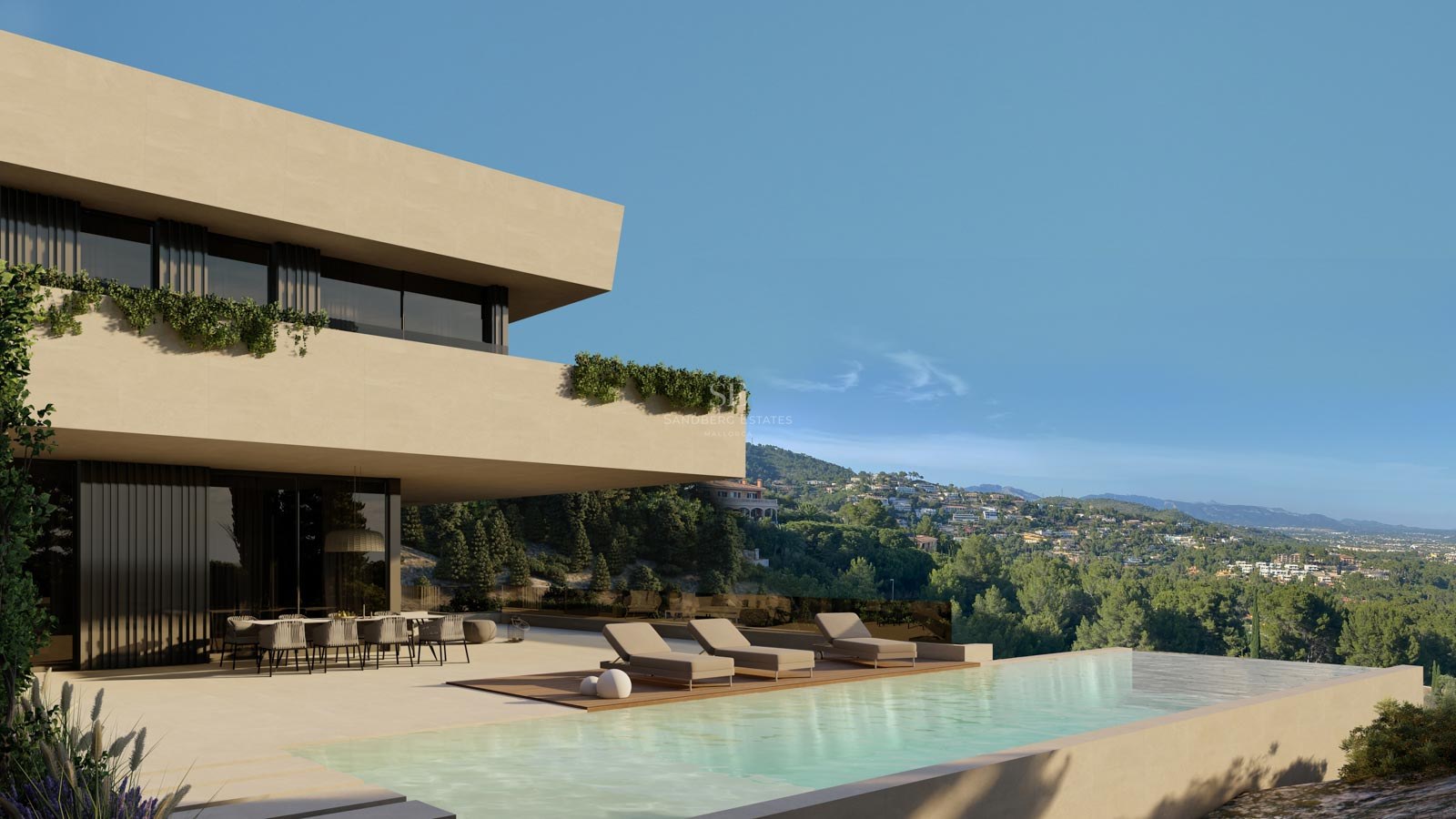 Exteriör av en samtida lyxvilla med turkos infinitypool och utsikt över en grönskande dal.