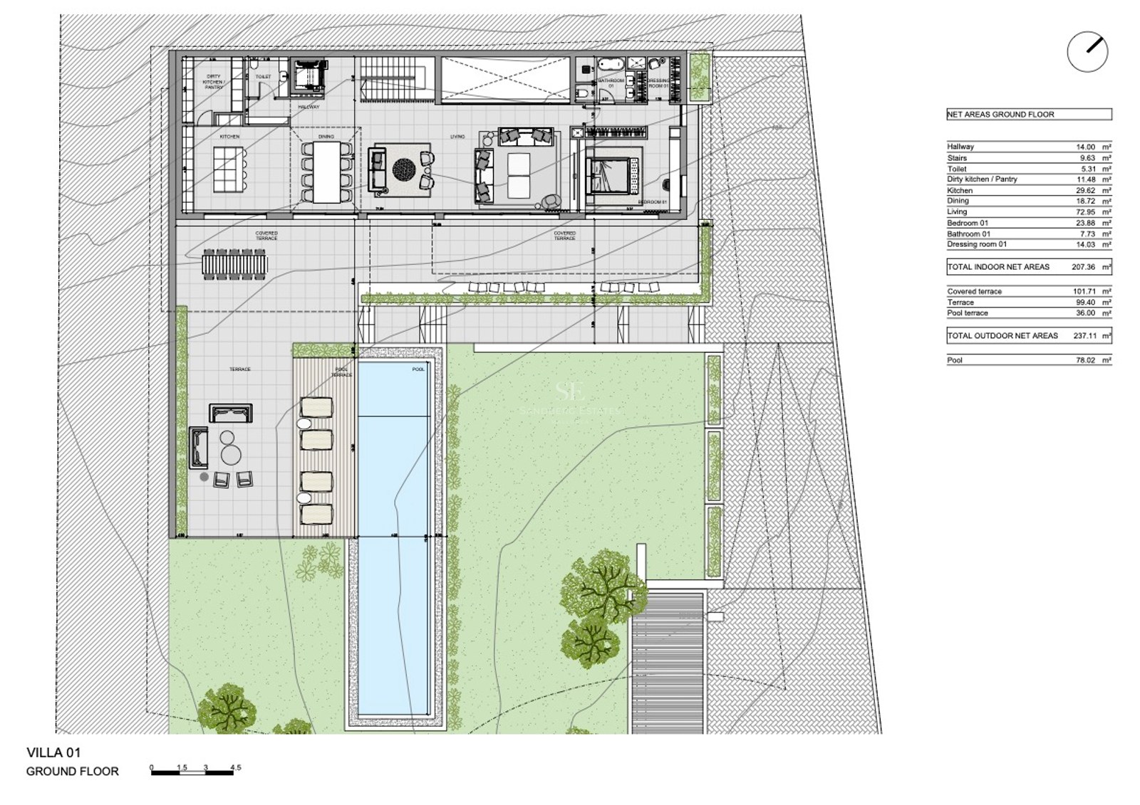 Detaljerad planritning över bottenvåningen i en modern villa med öppen planlösning, terrass och pool.