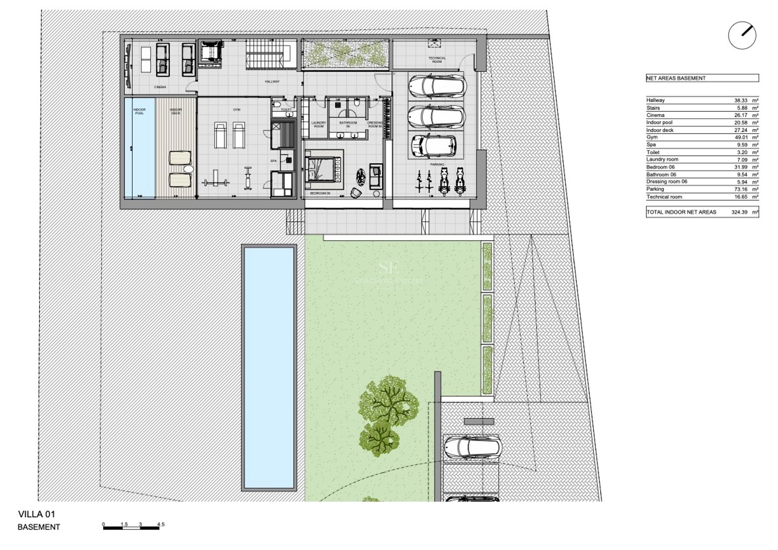 Arkitektonisk planritning över källarvåningen som visar hälsoavdelning, gym, biosalong och garage.