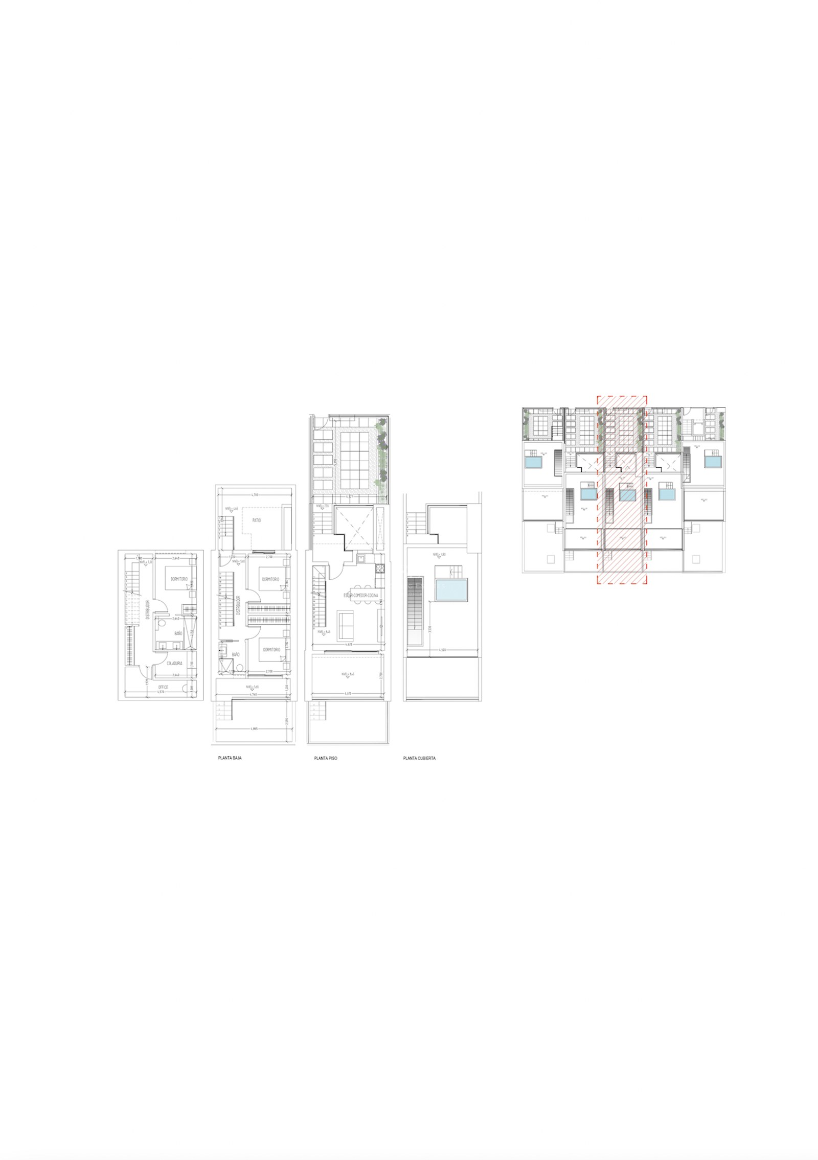 Plano arquitectónico de tres niveles que muestra dormitorios, zona de estar de planta abierta y solárium con piscina.