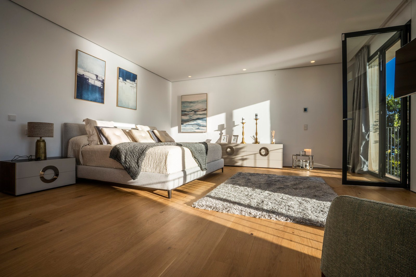 Modern master bedroom featuring a king-size bed, light oak floors, floor-to-ceiling glass door, and direct sunlight.