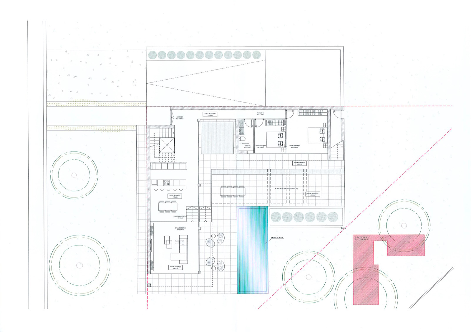 Plan architectural détaillé du rez-de-chaussée montrant les espaces de vie, les chambres et la terrasse avec piscine.