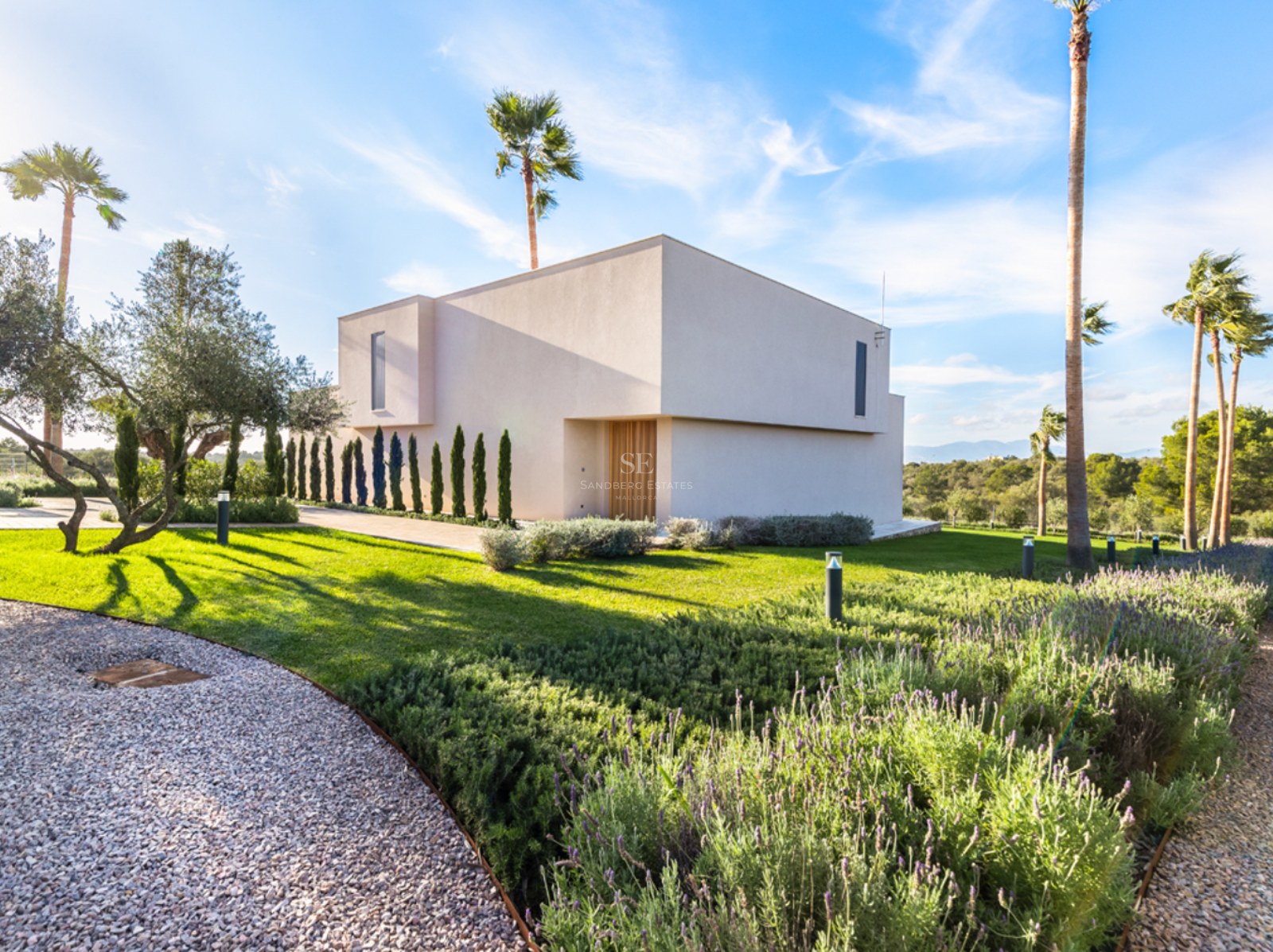 Villa moderne blanche au design minimaliste entourée d'une pelouse, de lavande et de palmiers sous un ciel bleu.