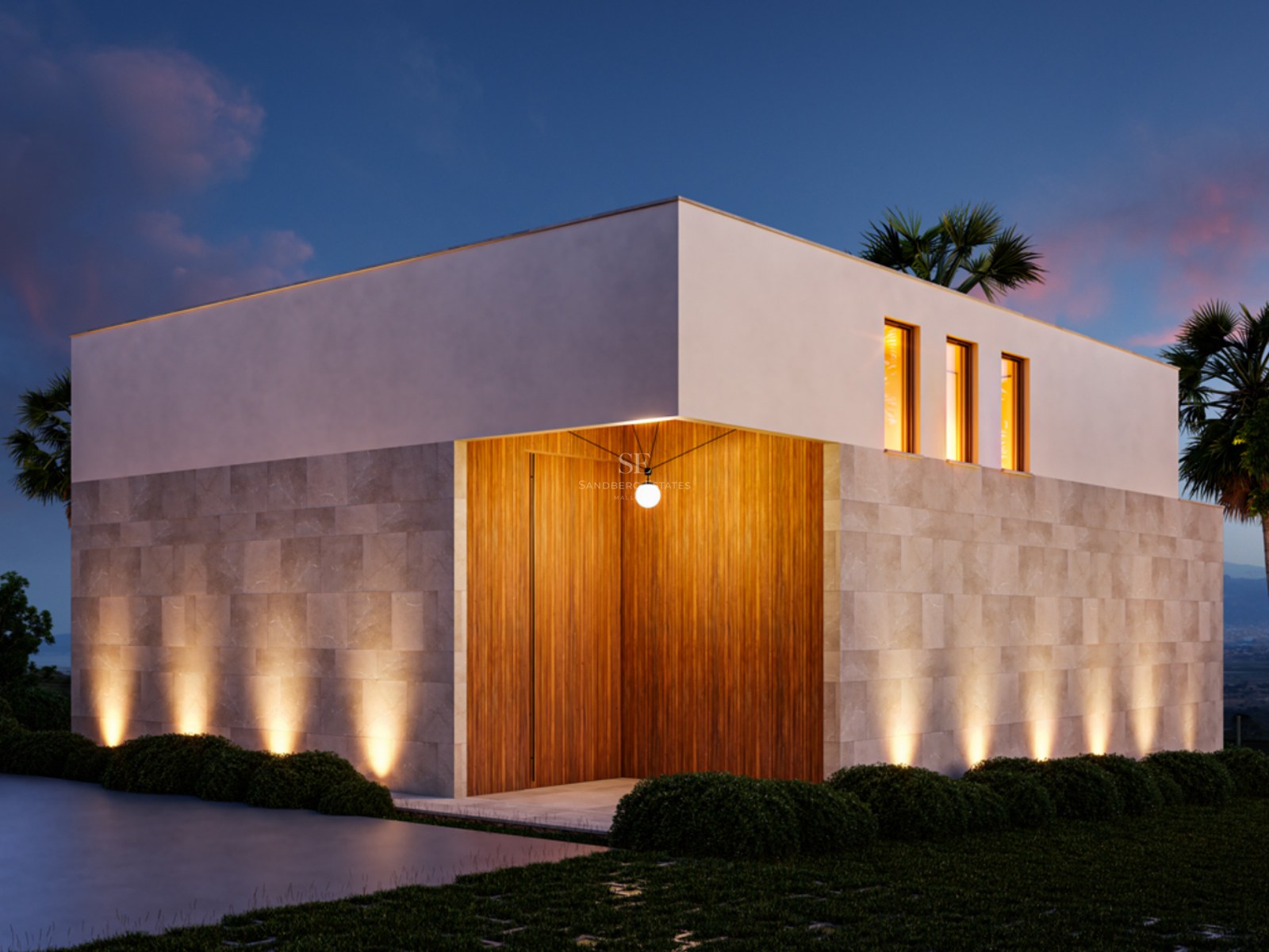 Façade de villa moderne avec revêtement en pierre, boiseries et éclairage d'ambiance extérieur au coucher du soleil.