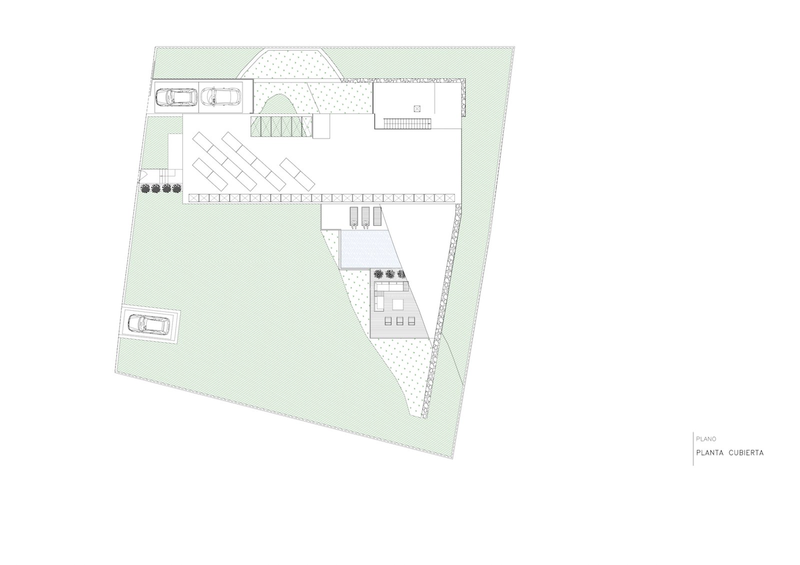 Plan de masse architectural détaillé d'une villa de luxe montrant le jardin et les zones de stationnement.