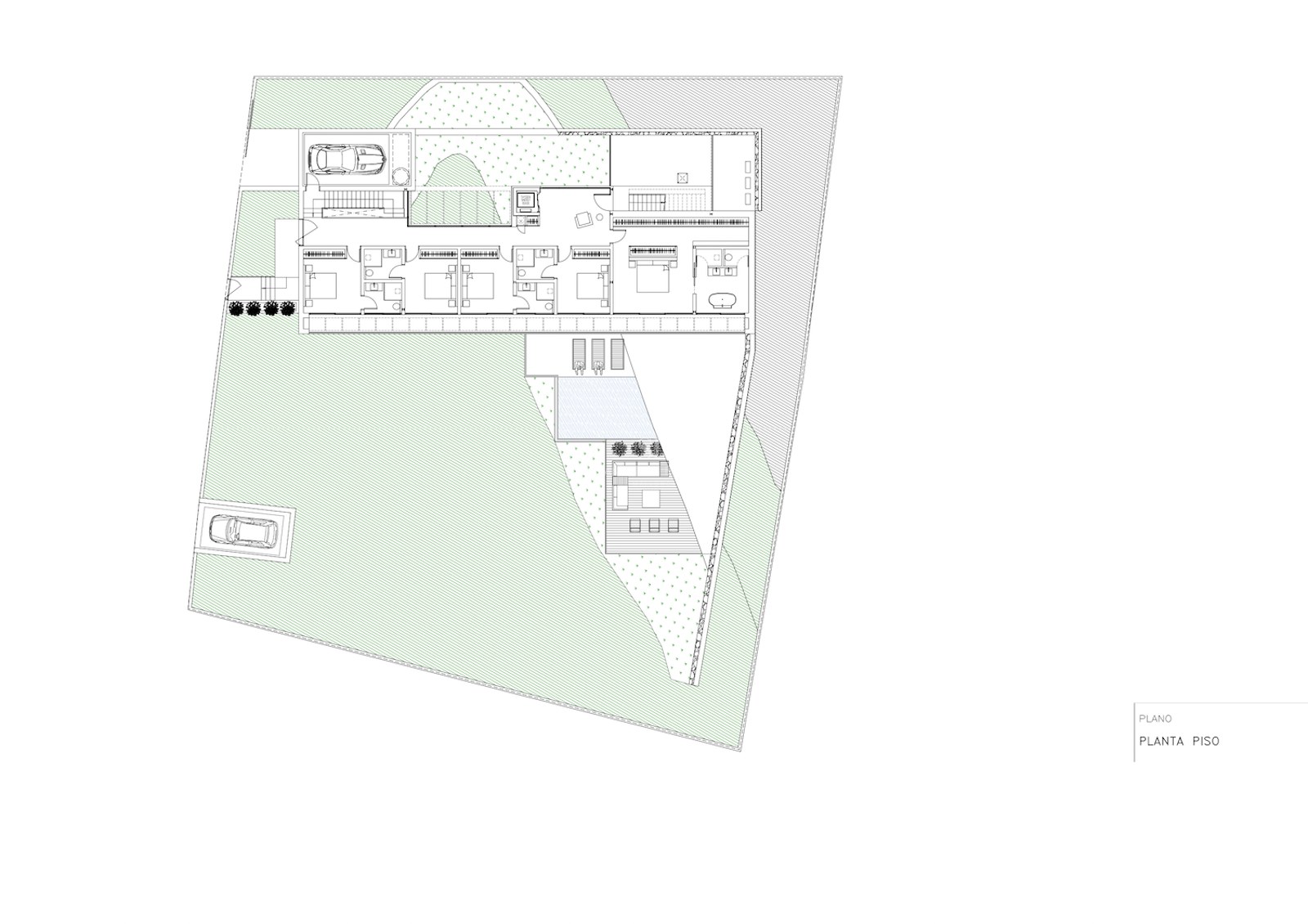 Plan architectural 2D montrant la disposition des chambres, salles de bains, terrasses et piscine.