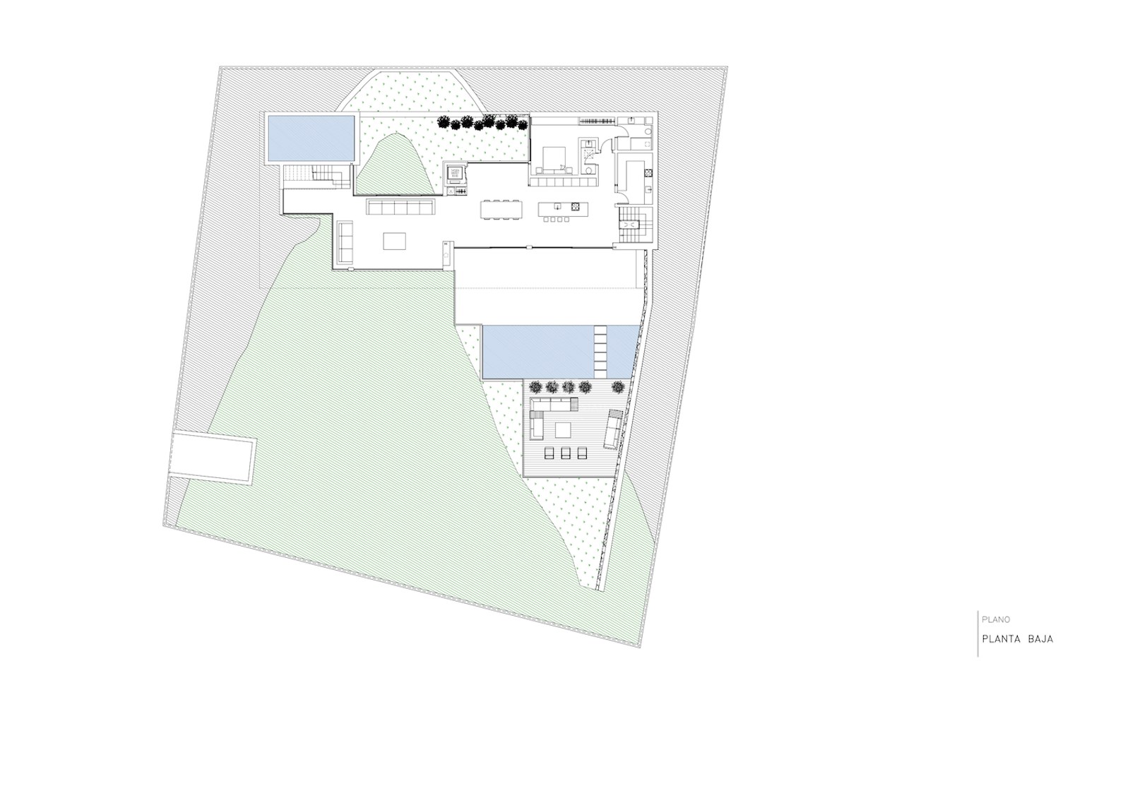 Plan d'architecte 2D détaillé montrant l'aménagement d'une villa moderne avec piscine, jardin et terrasses.