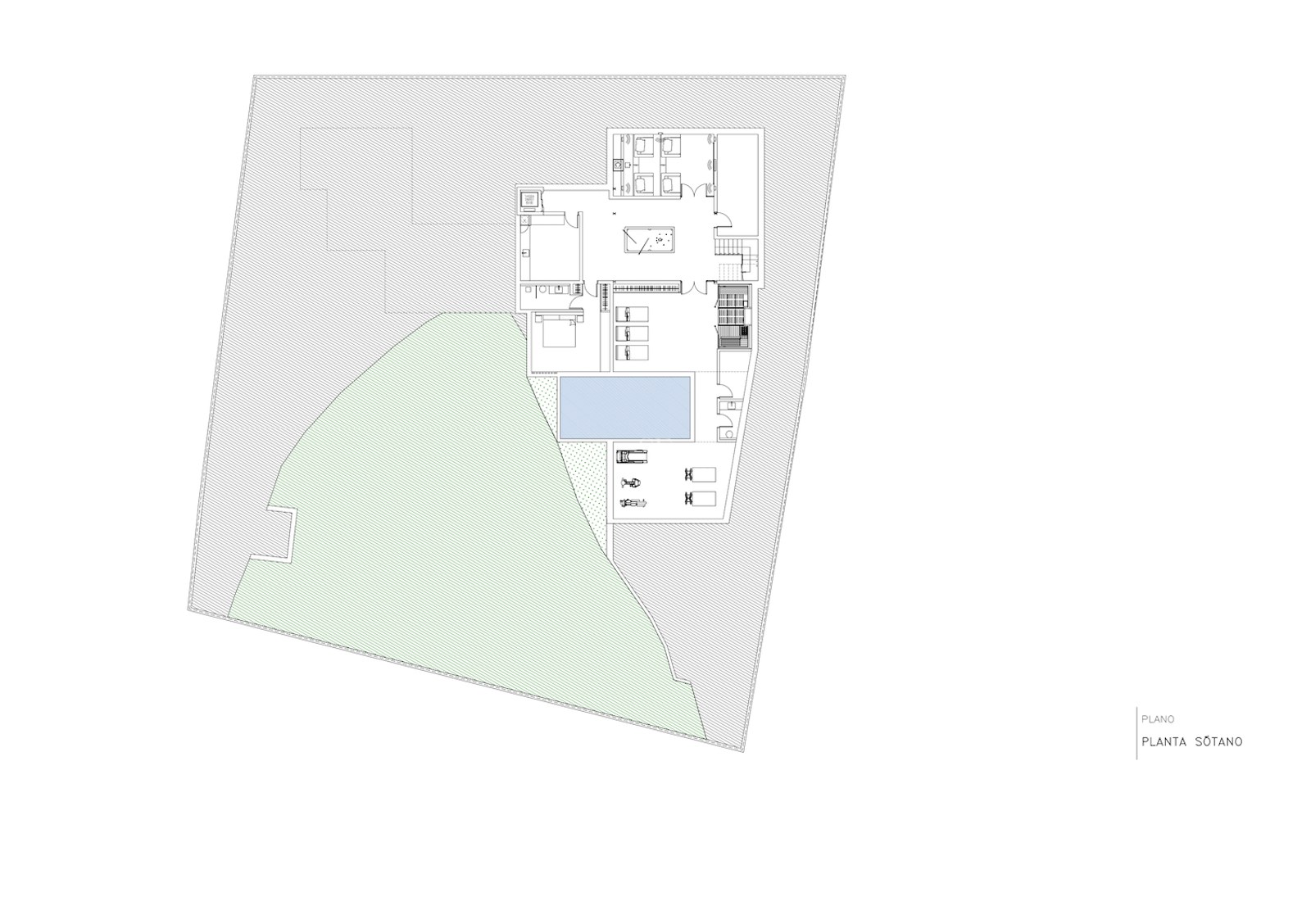 Plan technique 2D montrant l'agencement de la villa, la piscine privée, le jardin et le garage.