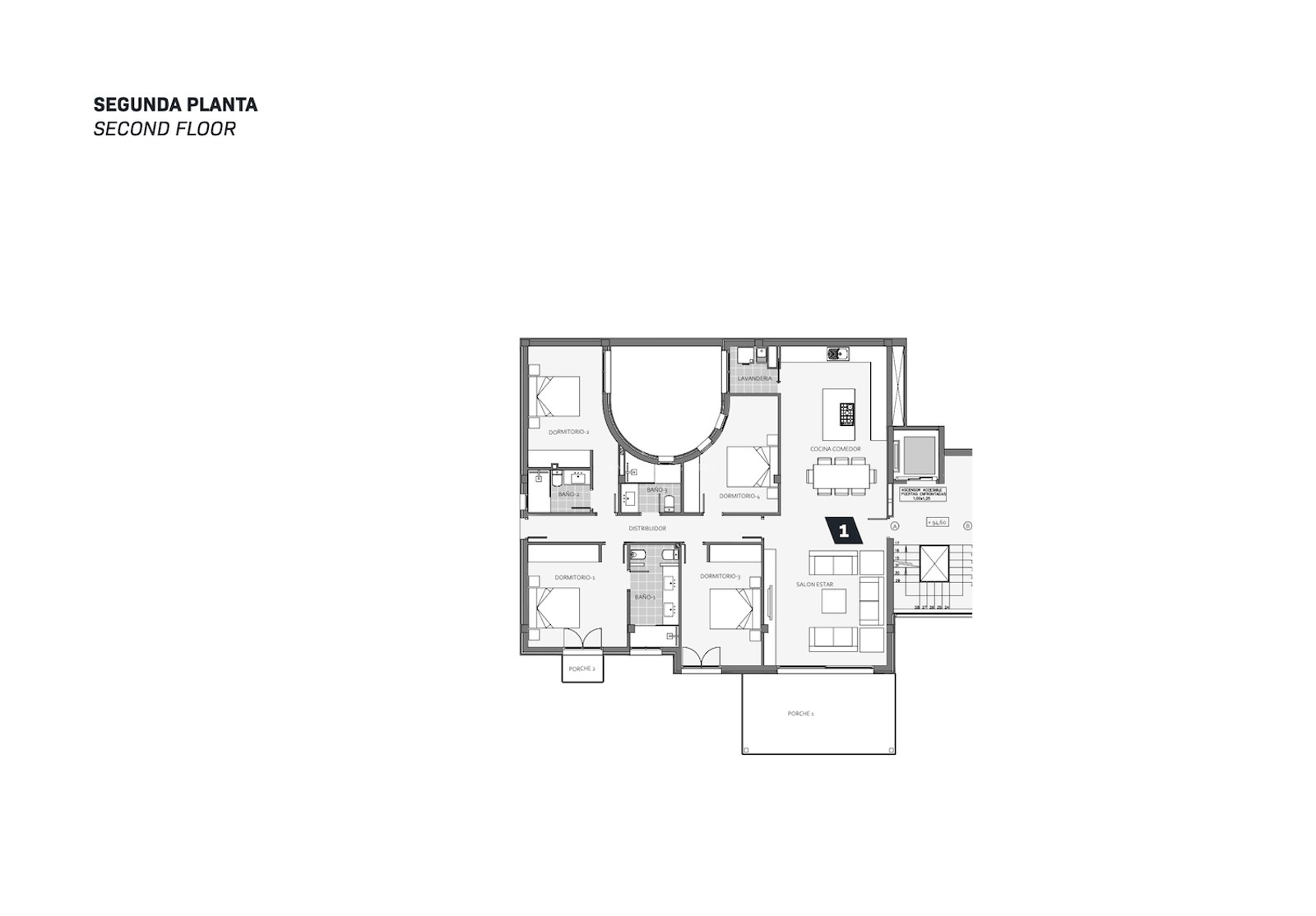 Plan technique du deuxième étage montrant quatre chambres, un salon ouvert et une terrasse spacieuse.