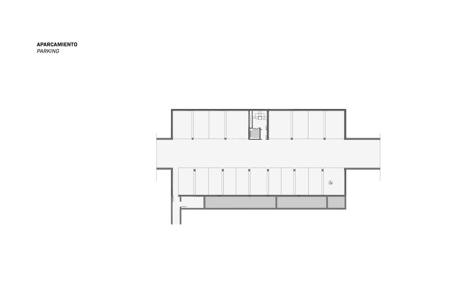 Plan architectural en 2D d'un parking privé avec plusieurs places et accès central par ascenseur.